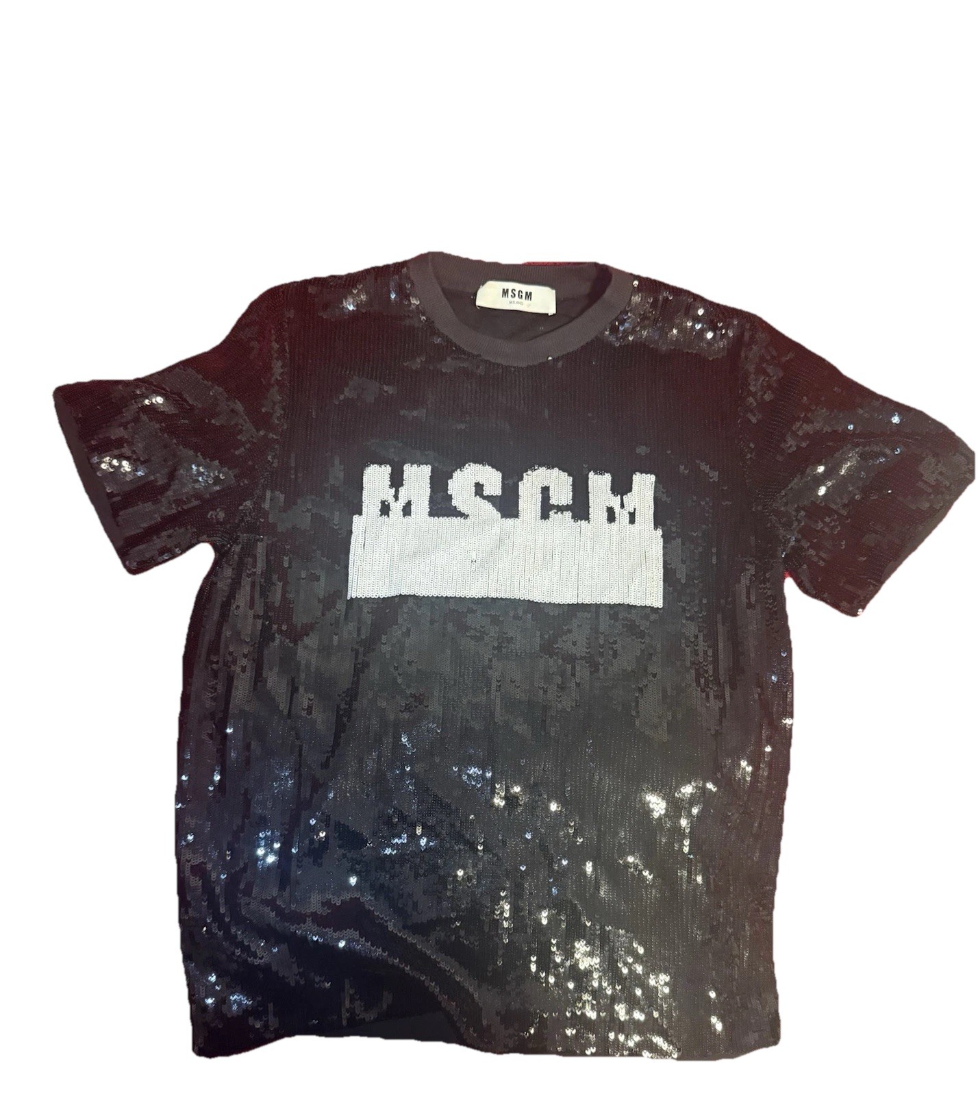 MSGM Women’s Black White Sequin Logo Short Sleeve Crew Neck T-Shirt Size 42