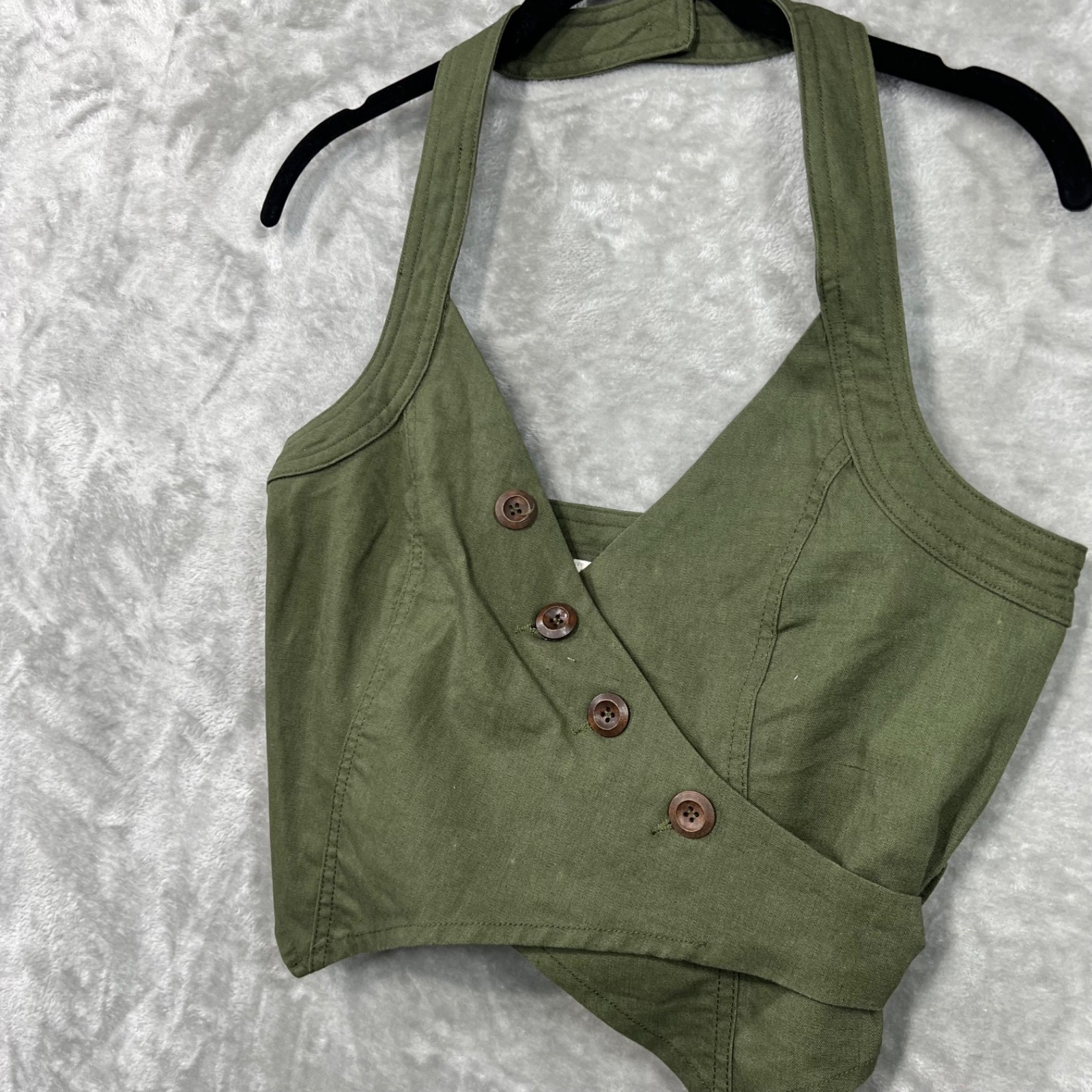 New Moon River Halter Top Small Army Green Asymmetric Linen Blend Festival Sexy