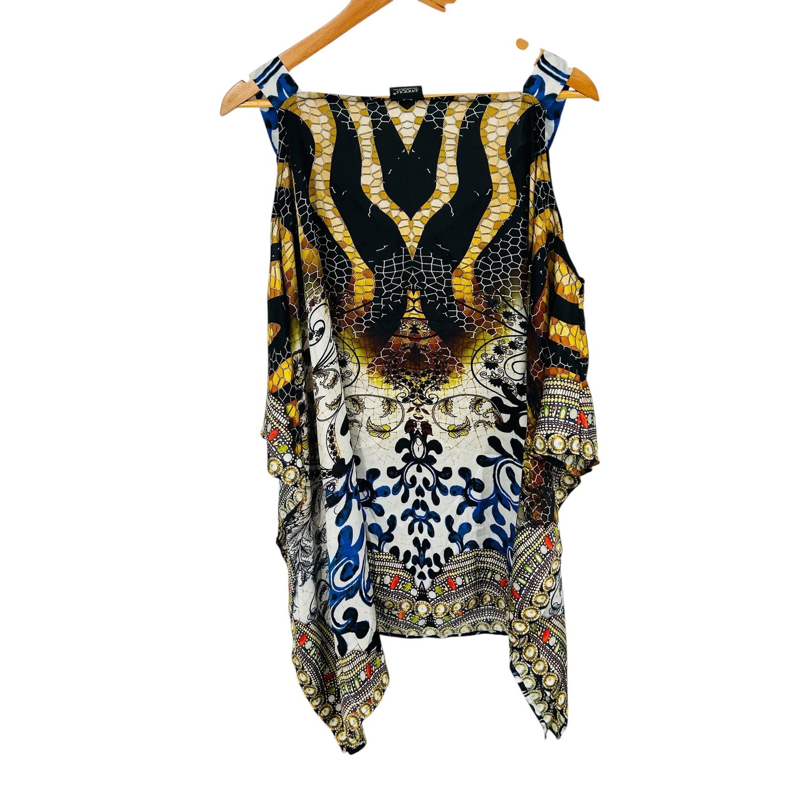 Sakkas Cold Shoulder Caftan Top Boho Embellished White Multi 1X 2X