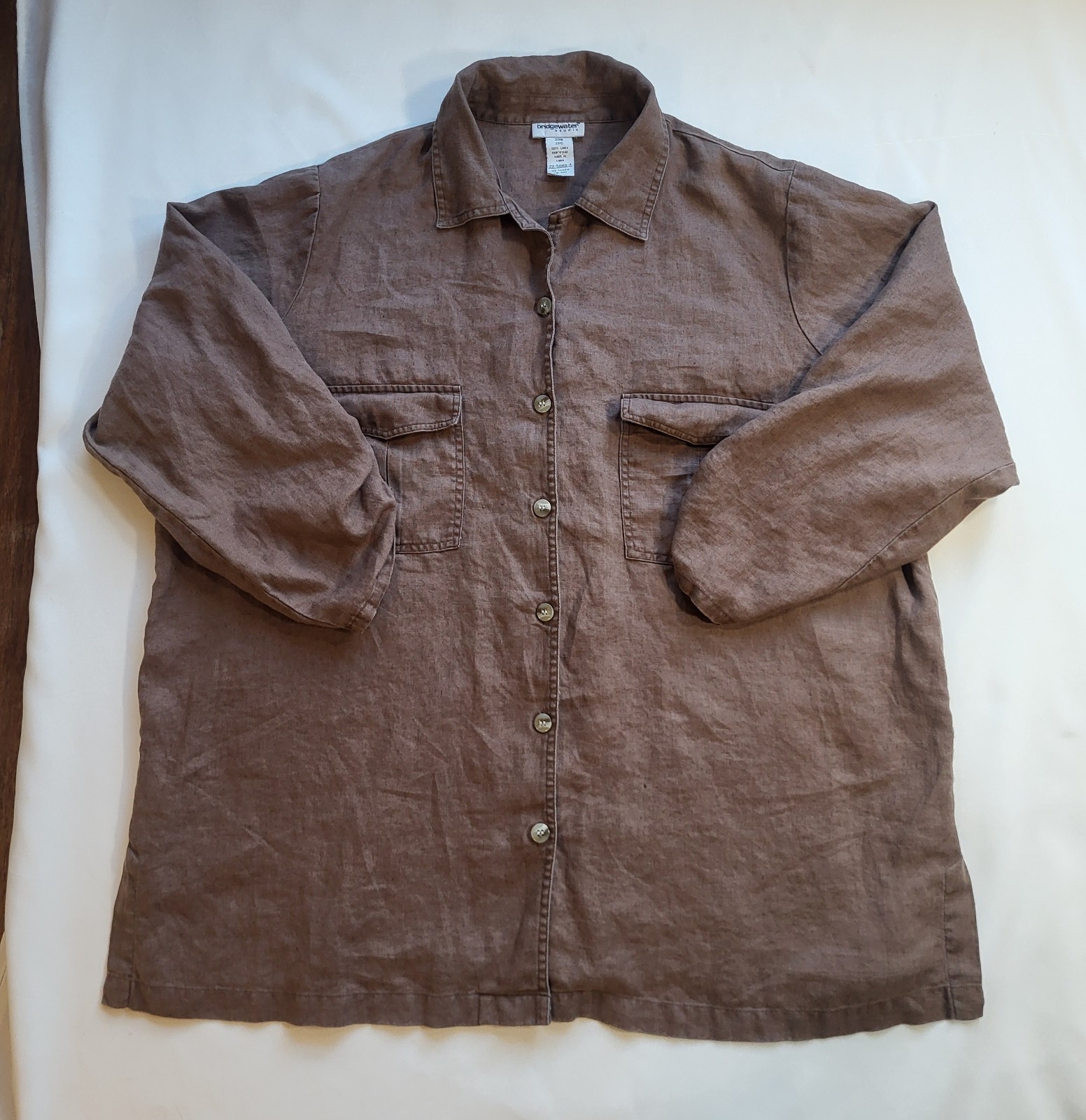 Linen Shirt Button Up Brown Lagenlook Earthy Vintage Women’s 20W *FLAW