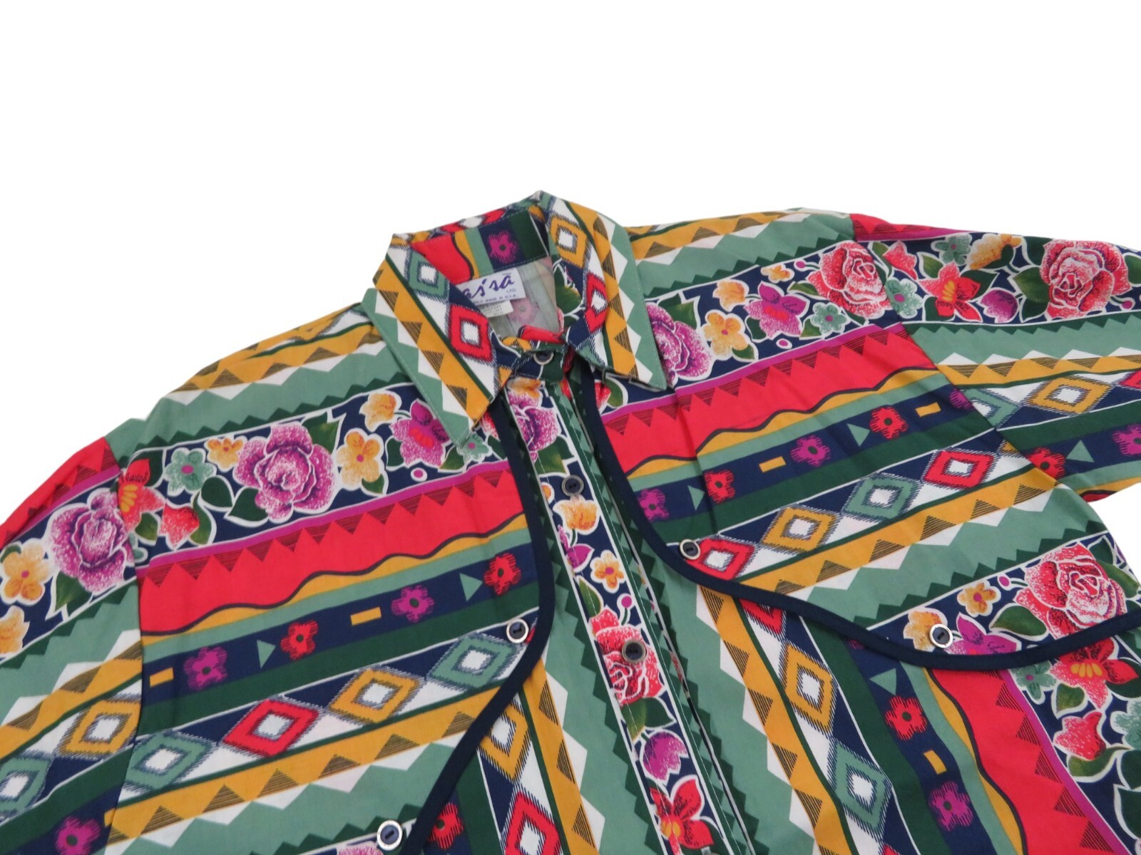 Vintage 70s USA Made Western Aztec Floral Shirt Women M Boho Cowgirl Button Down