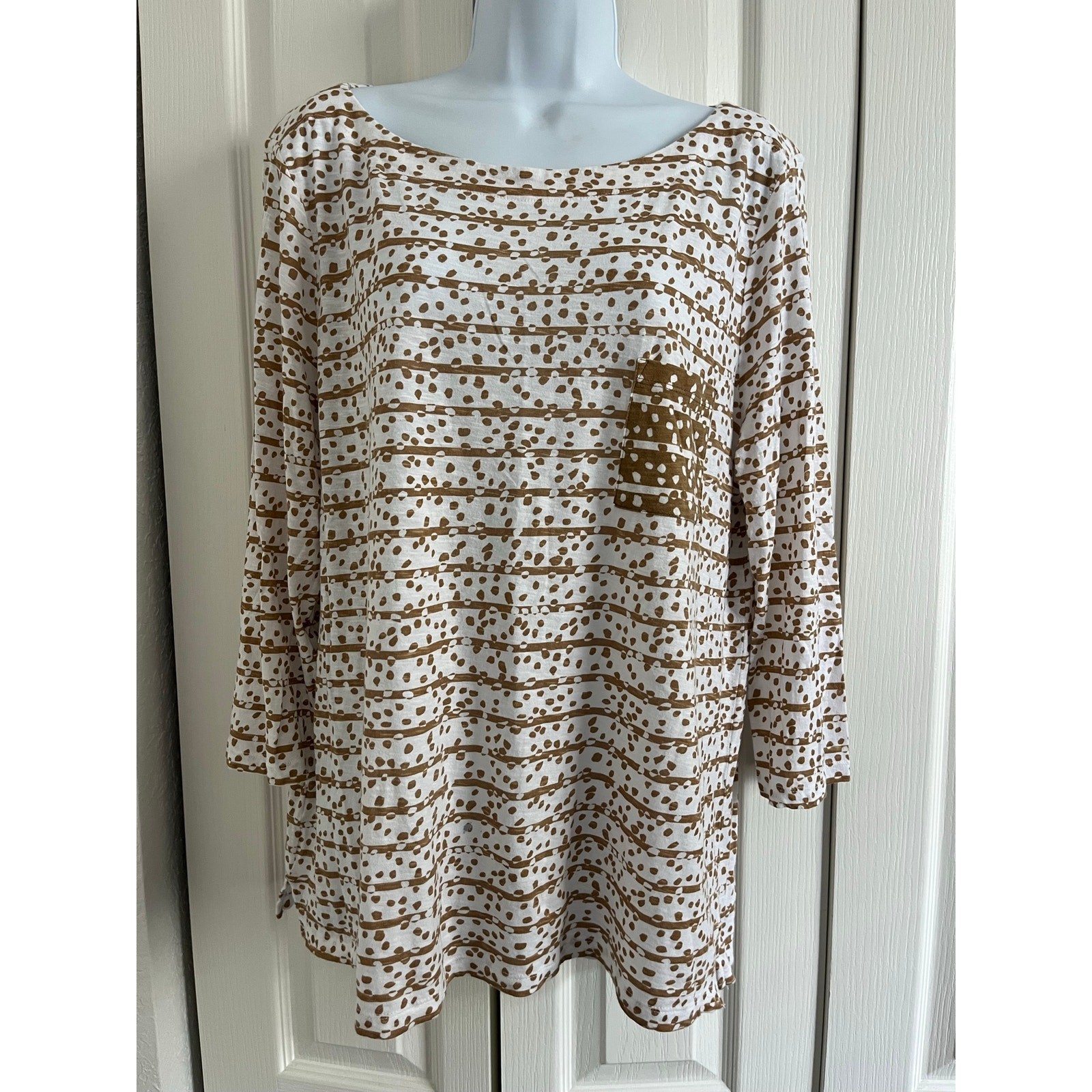 LOFT Outlet XL Brown Ivory Abstract Print Top Boat Neck Pocket Lightweight 3/4