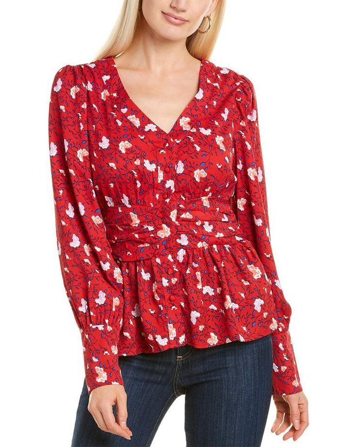 WALTER BAKER Red Apple Blossom Floral Print Clara Ruched Button Blouse XS 0/2