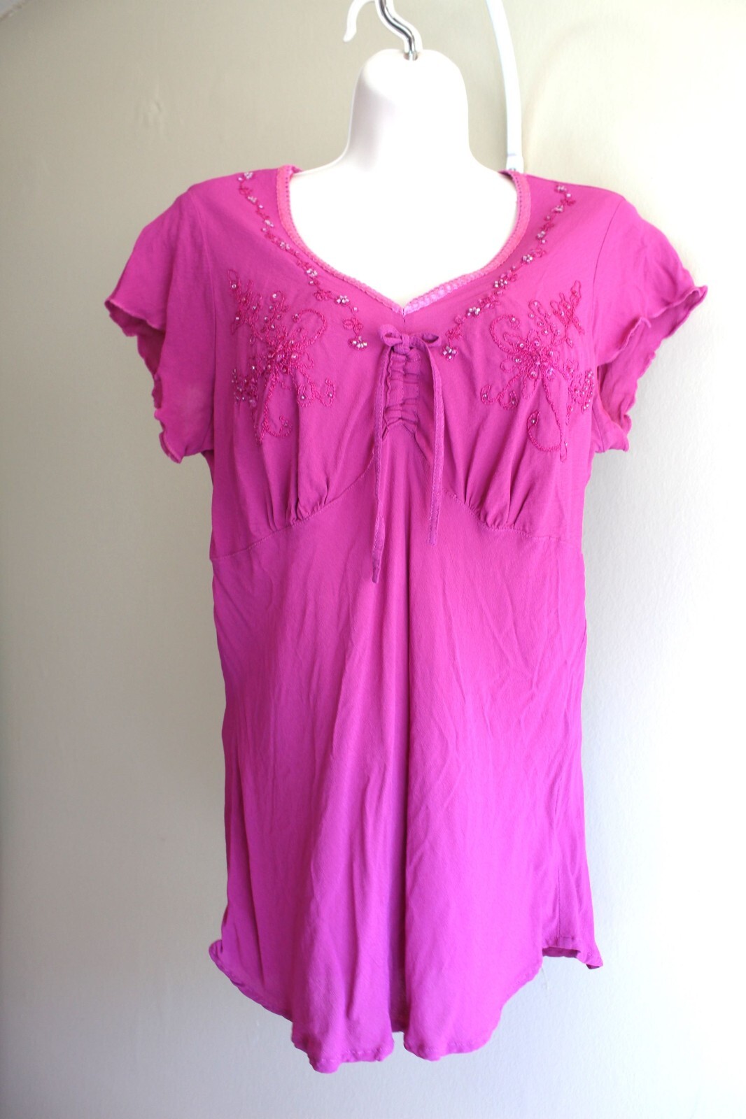 Retro 30s Lingerie Cut Shirt L Pink Rayon Crepe Embroidered Bias Cut 90s