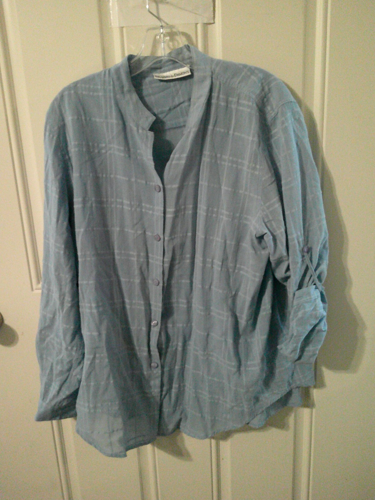 Draper’s & Damon Women’s Cotton Plaid V-Neck Blouse Roll Tab Long Sleeve Top XL