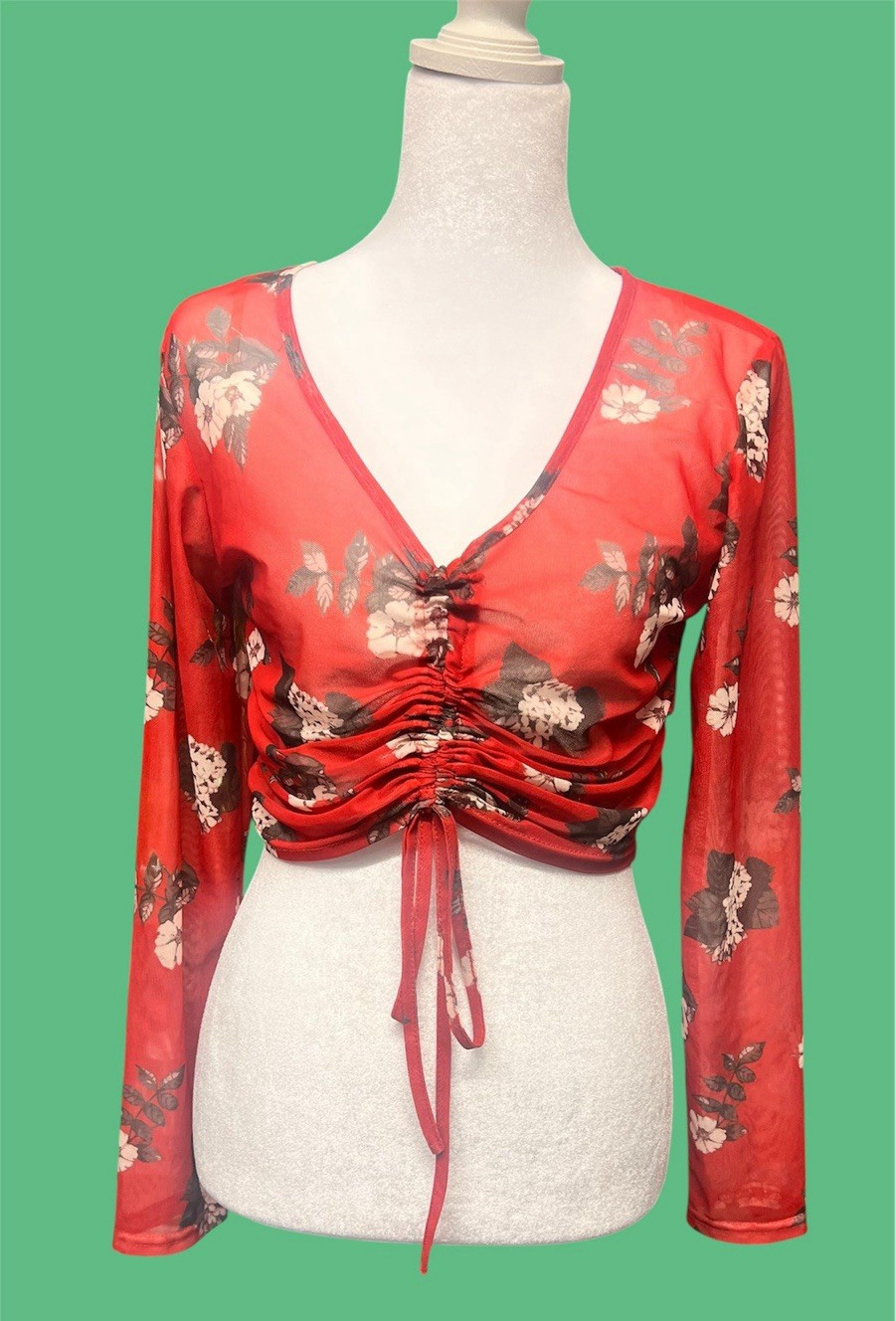 Say What? Women’s Red Floral Mesh V-Neck Long Sleeve Cropped Top Drawstring M