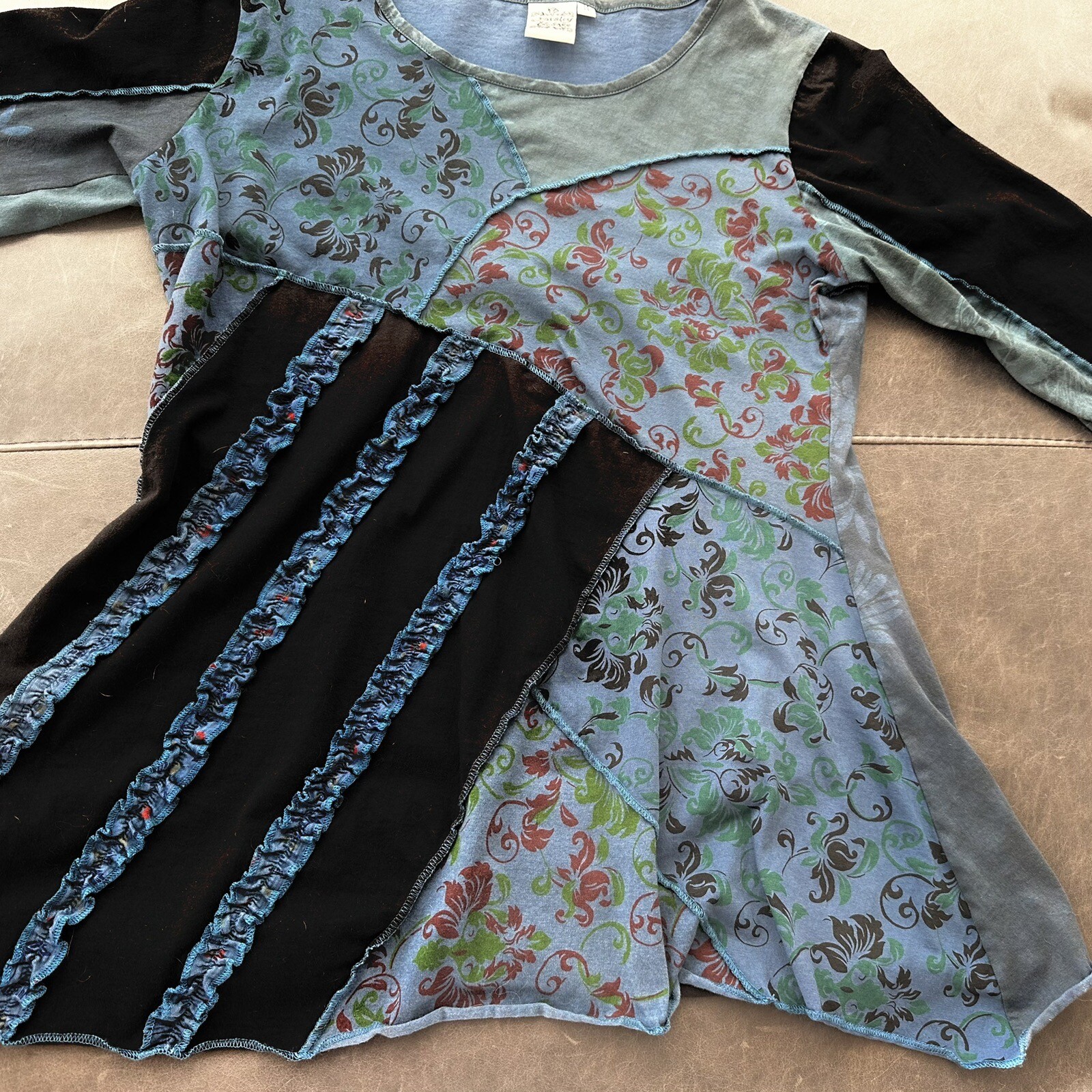 EUC Parsley & Sage Mixed Print Asymmetrical Top Lagenlook M Blue 100% Cotton