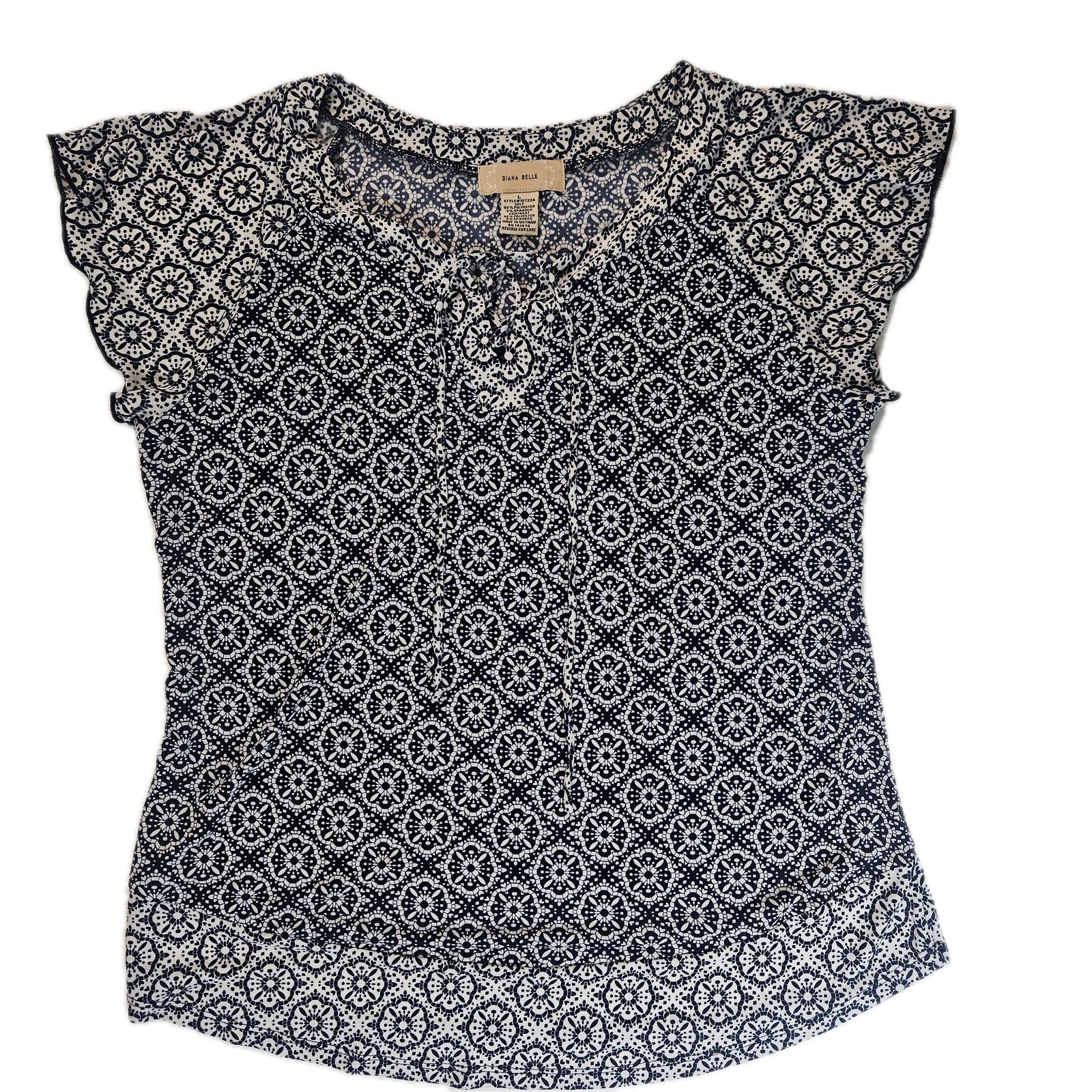 DIANA BELLE Blouse Womens L Blue Geometric V-Neck Flutter Ruffle Tie Jersey