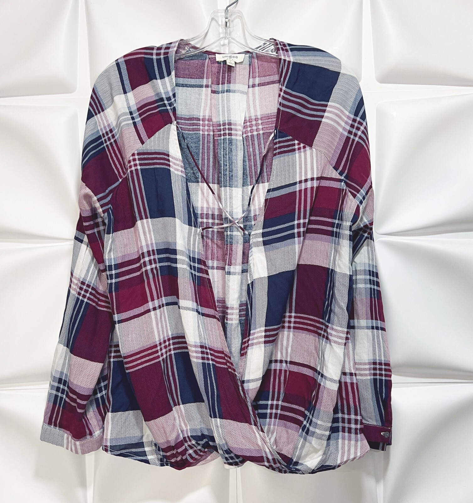 Umgee Sz L Plaid Faux Wrap Blouson Shirt Blouse Top Blue Purple White Womens