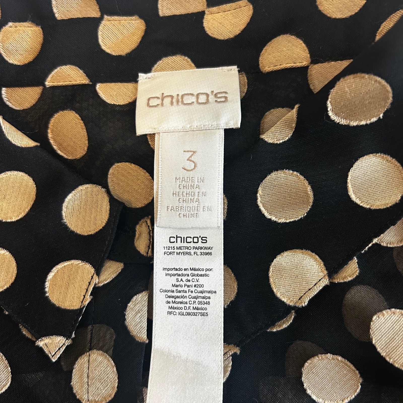 Chicos Black Gold Polka Dot Sheer Button Down Shirt Blouse Size XL Glam Party