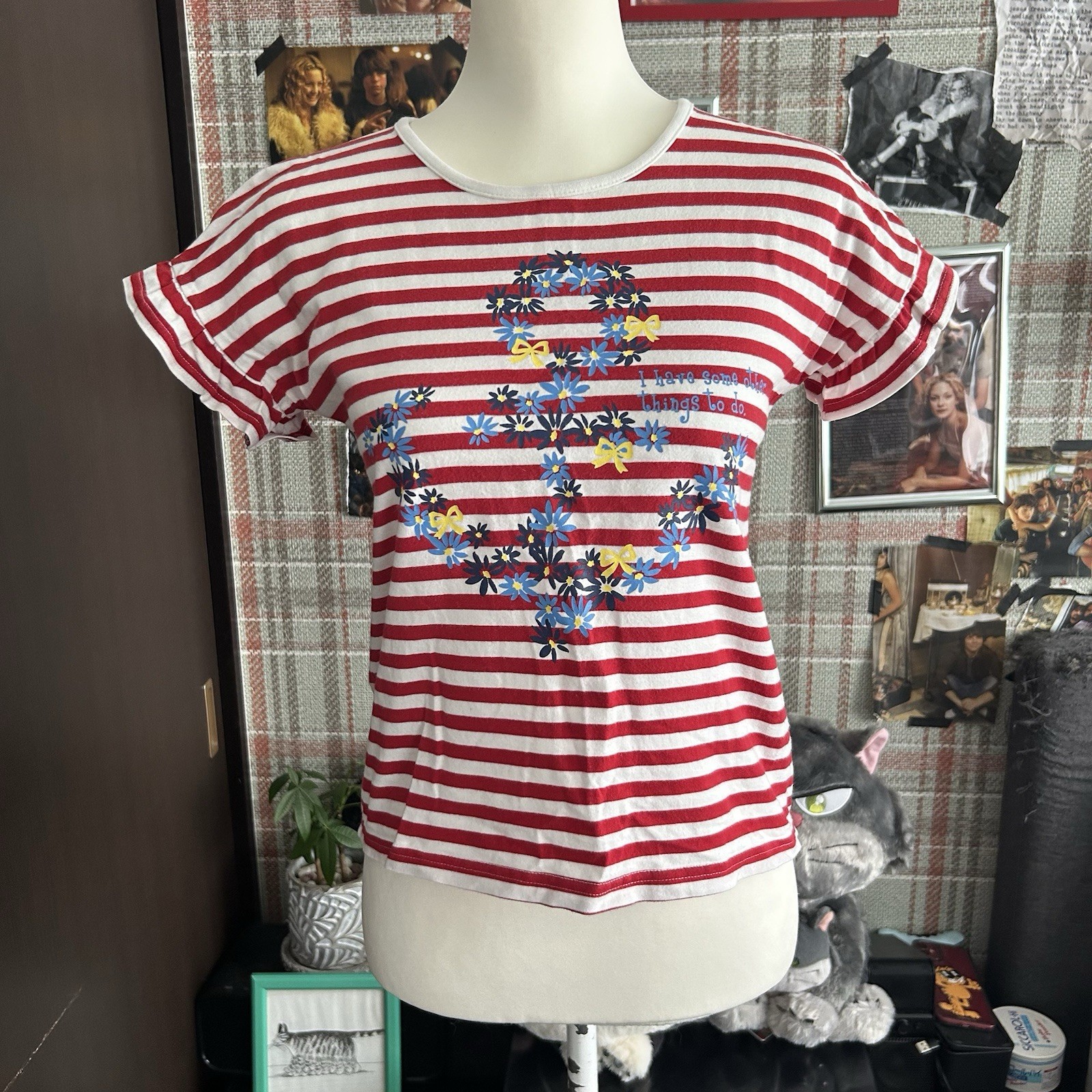 Striped Graphic T-Shirt Peace Sign Floral Detail Lettuce Edge Retro Aesthetic