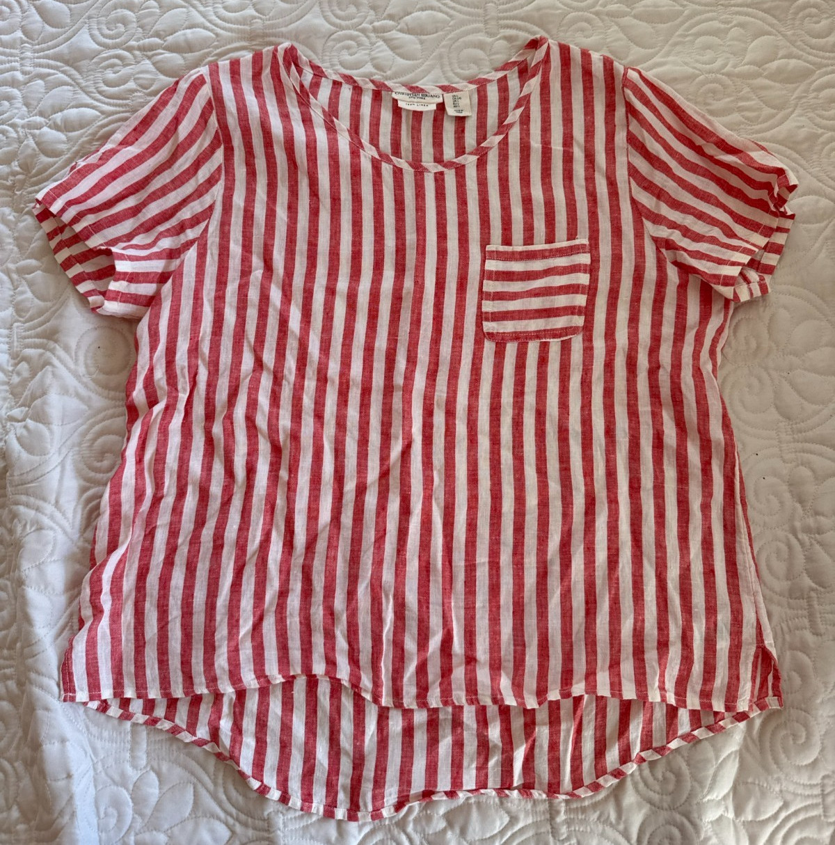 CHRISTIAN SIRIANO NEW YORK Red White Striped Linen Top L Pocket Casual Summer