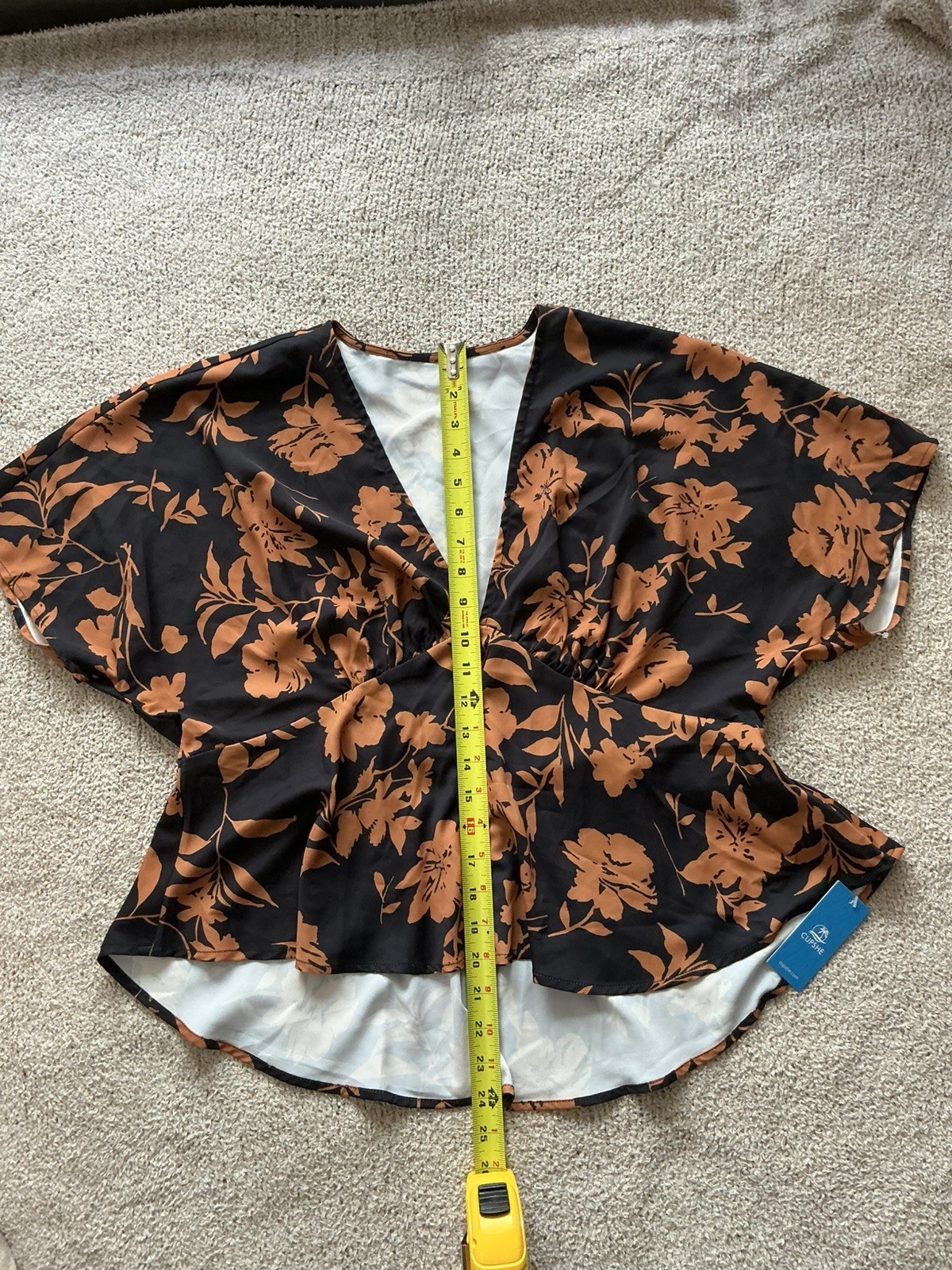 Cupshe Floral Peplum Blouse Size XL – Black & Tan V-Neck Top