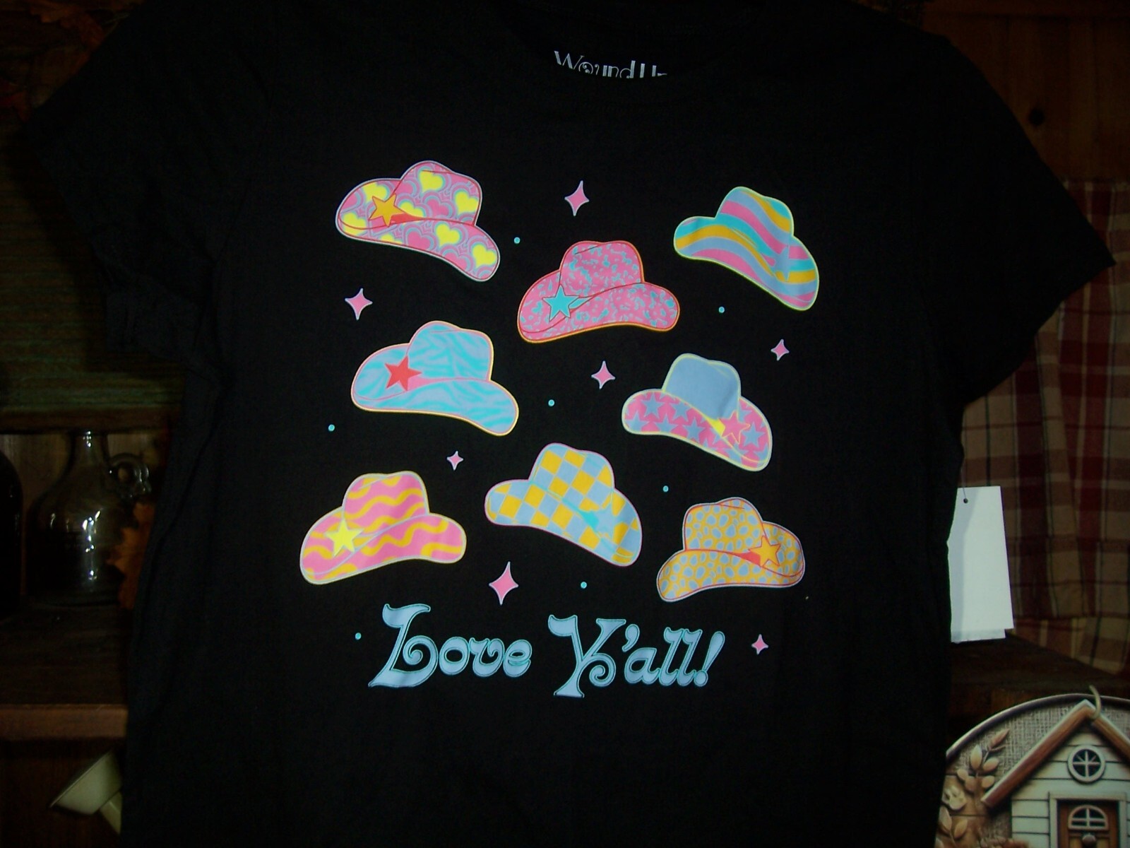 WOUNDUP WOMENS COWBOY HAT DESIGN LOVE YALL BLACK SHIRT SIZE LARGE 12-14 NEW