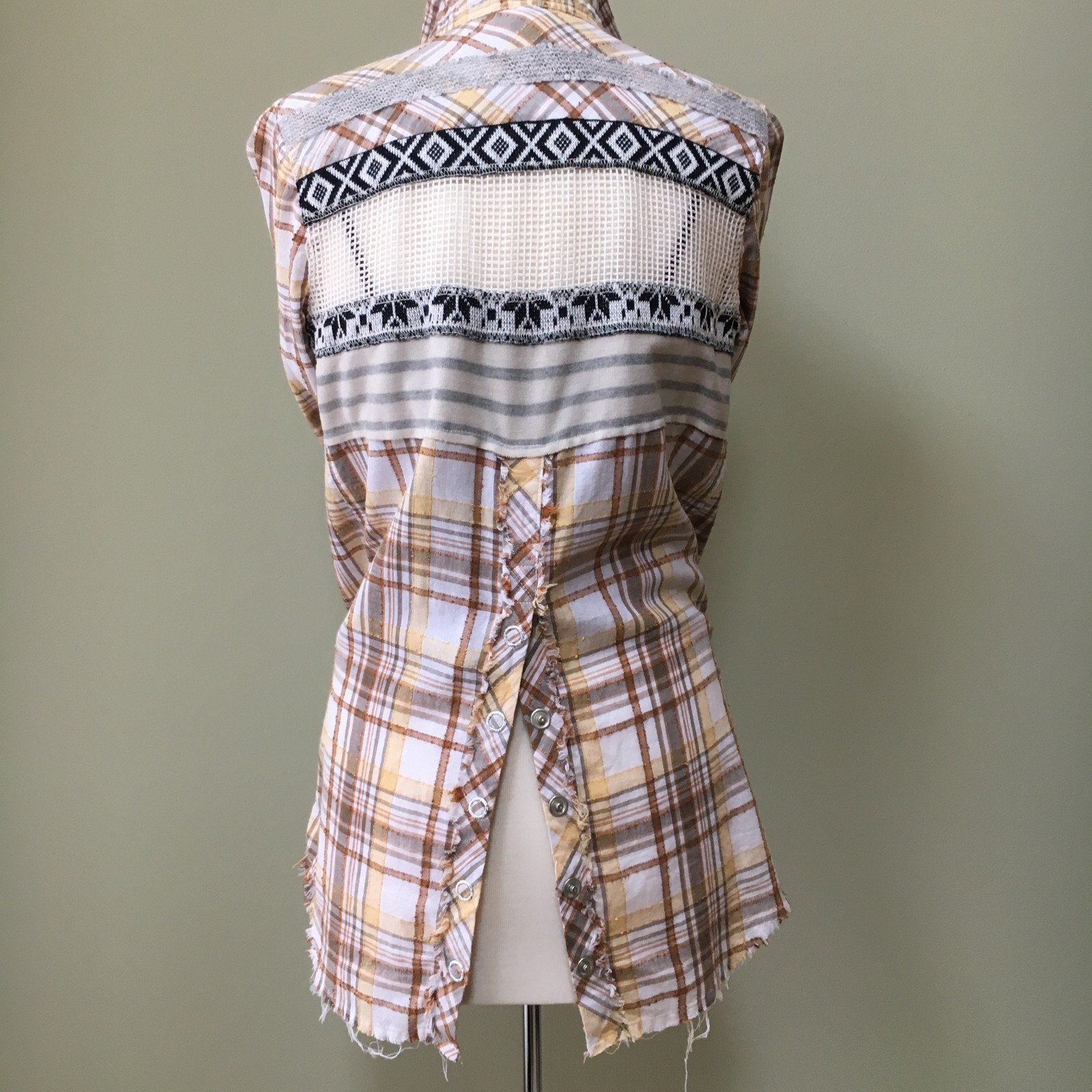We The Free People Plaid Shirt Top Oversized XS Long Yellow Brown Boho Mesh Embr