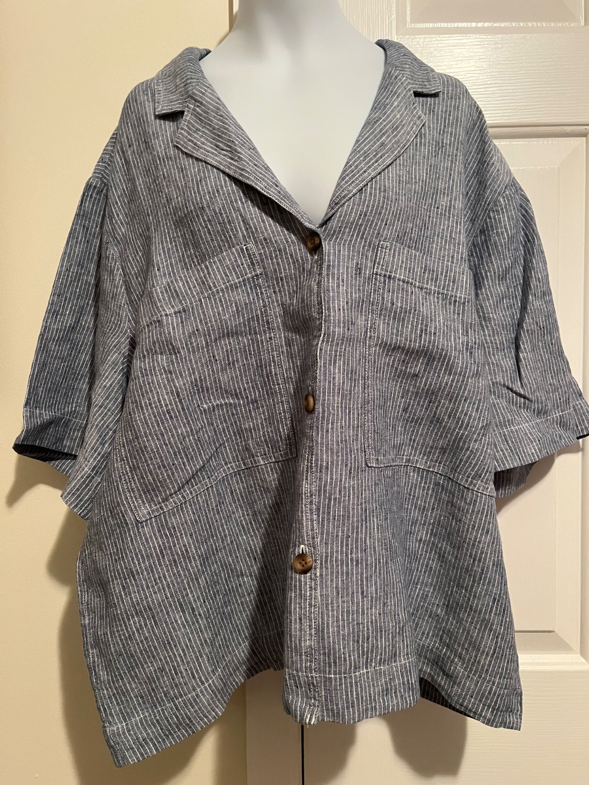 Everlane Linen Button-Down Denim Striped Cropped Short-Sleeved Blouse Size XL