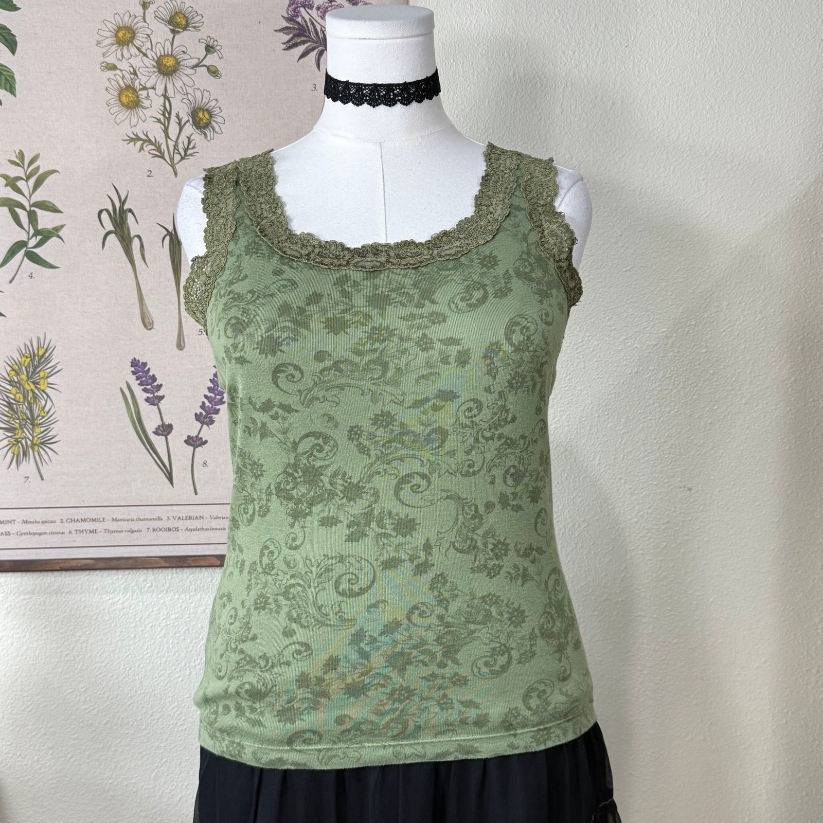 90s Y2k Floral Lace Trim Tank Top Fairy Grunge Whimsigoth Forest Hippie Boho M
