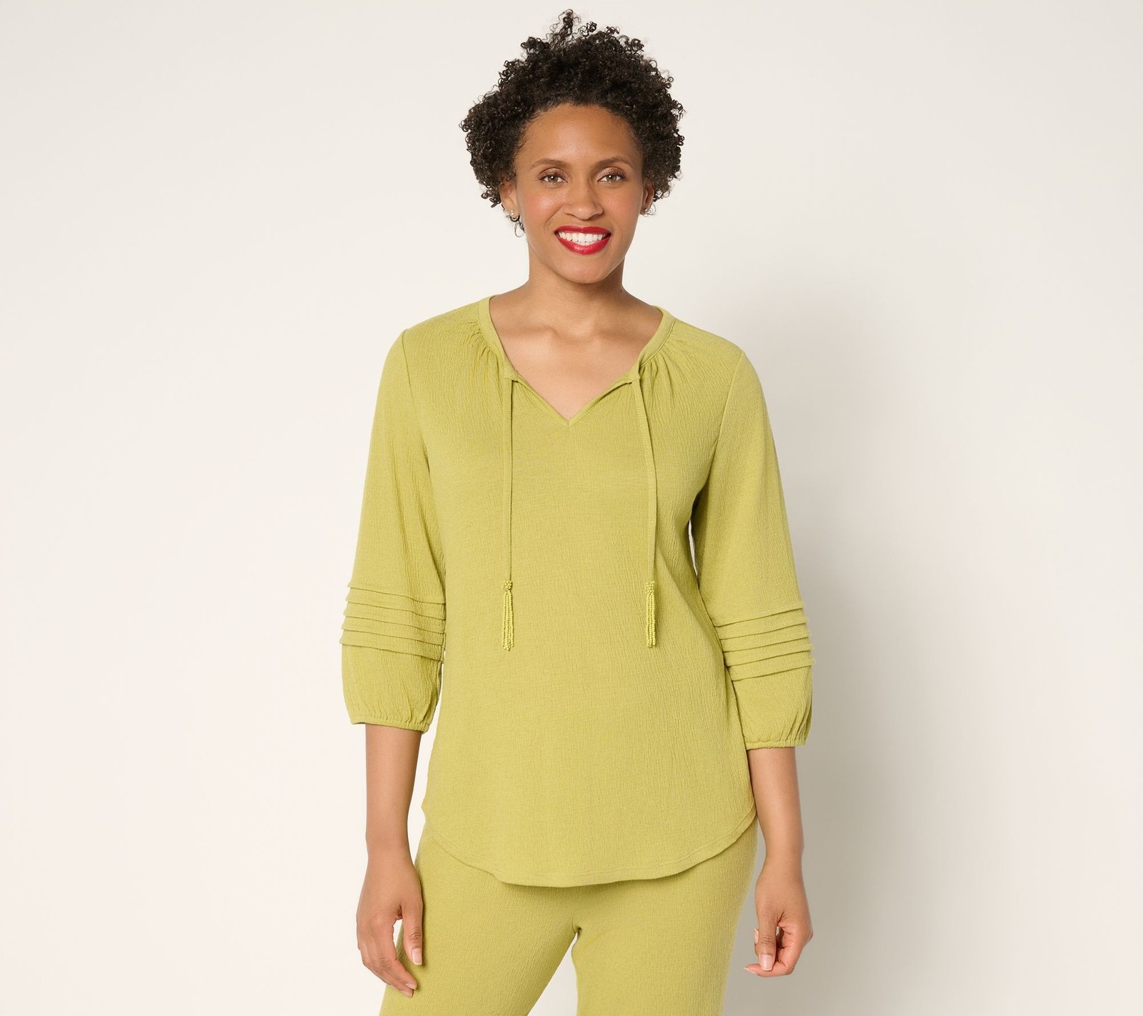 Denim & Co. Women’s Top Plus Sz 3X Beach Knit Gauze Split Neck Green A715607