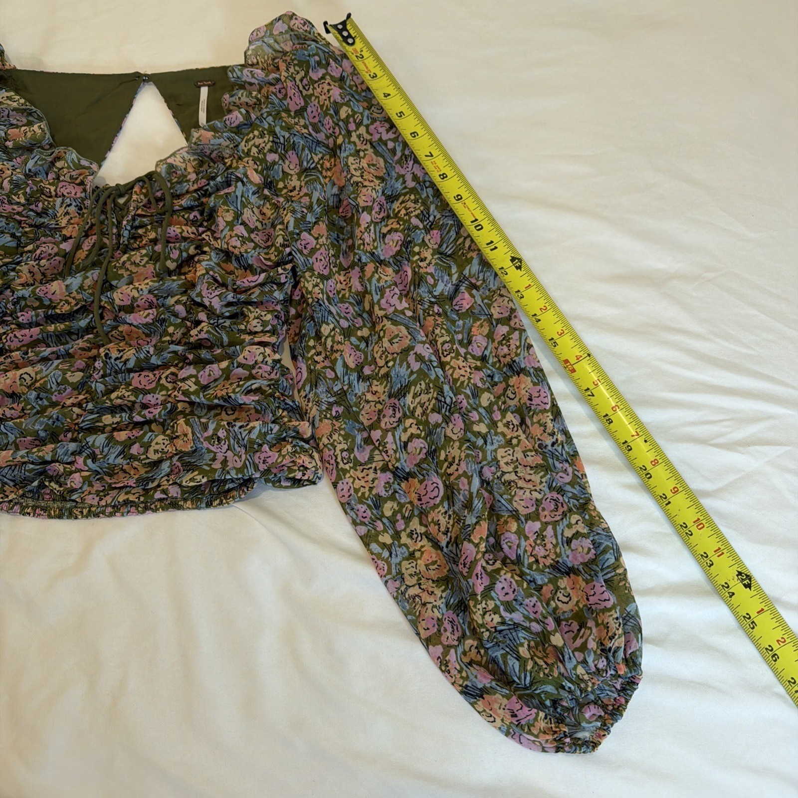 Free People Shirt Womens XS Green Floral Smocked Mabel Puff Sleeve Boho Top