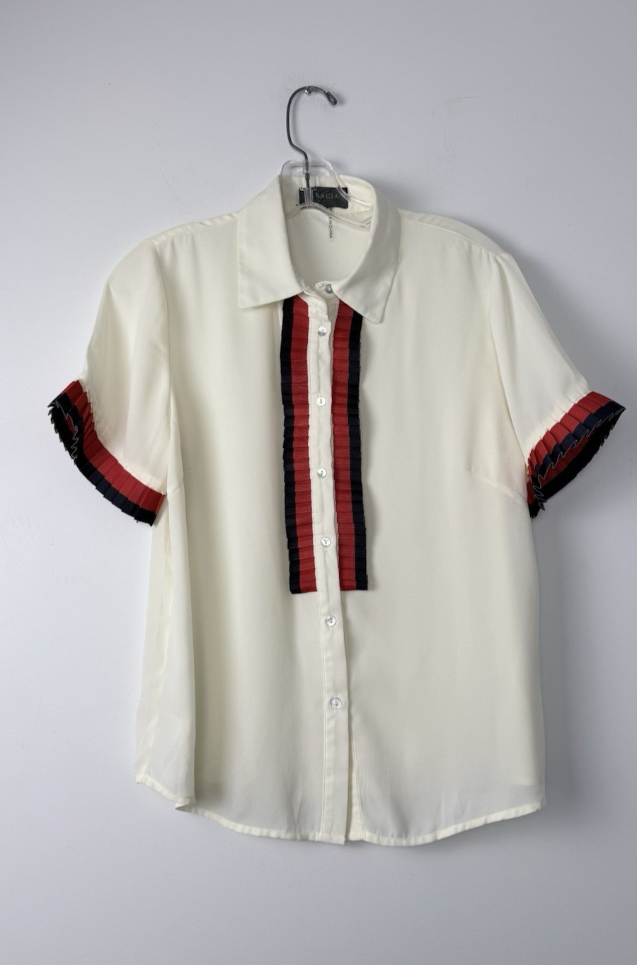Gracia Blouse Size L Top Cream Pleated Ribbon Trim Blue Red