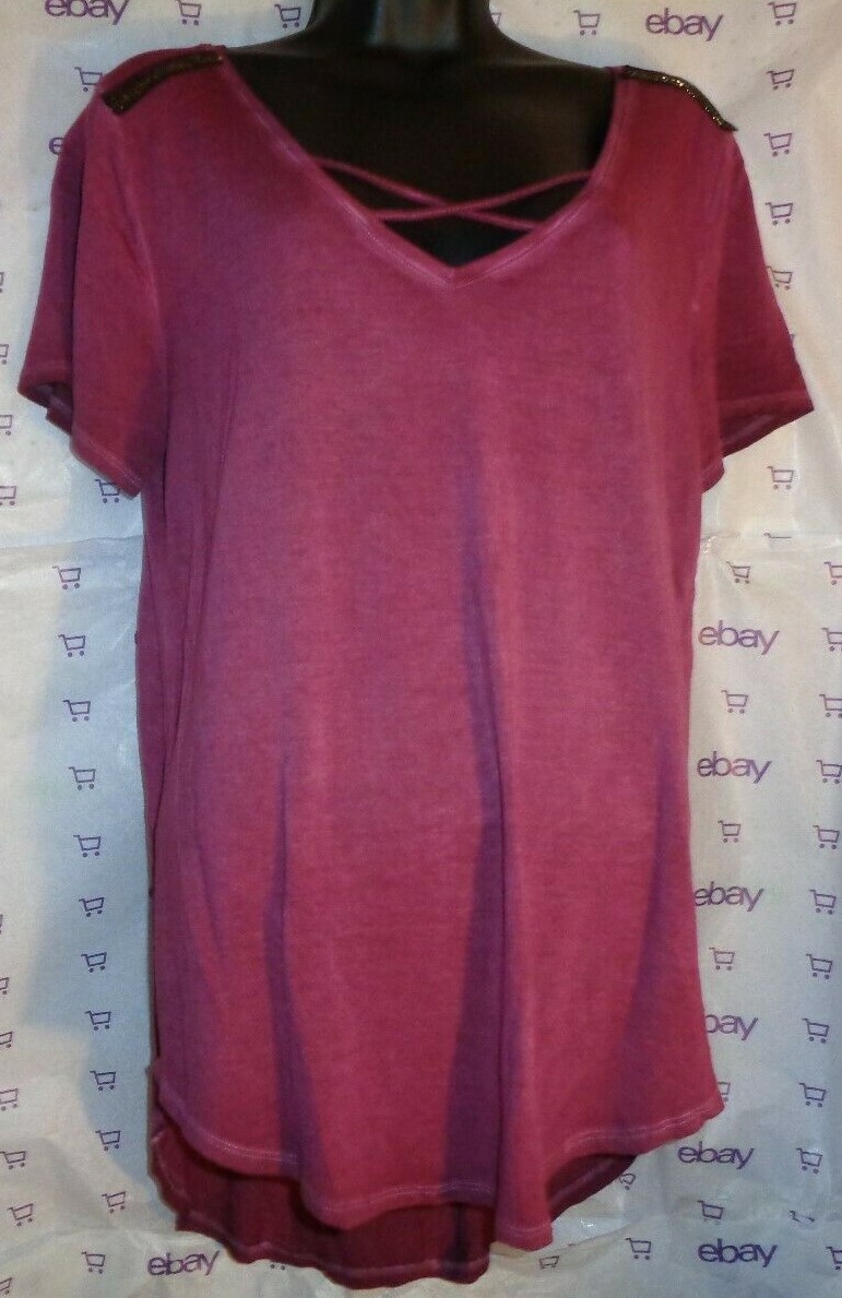 New $68 Seven7 embellished shoulder small blouse taper bottom strap v neck top