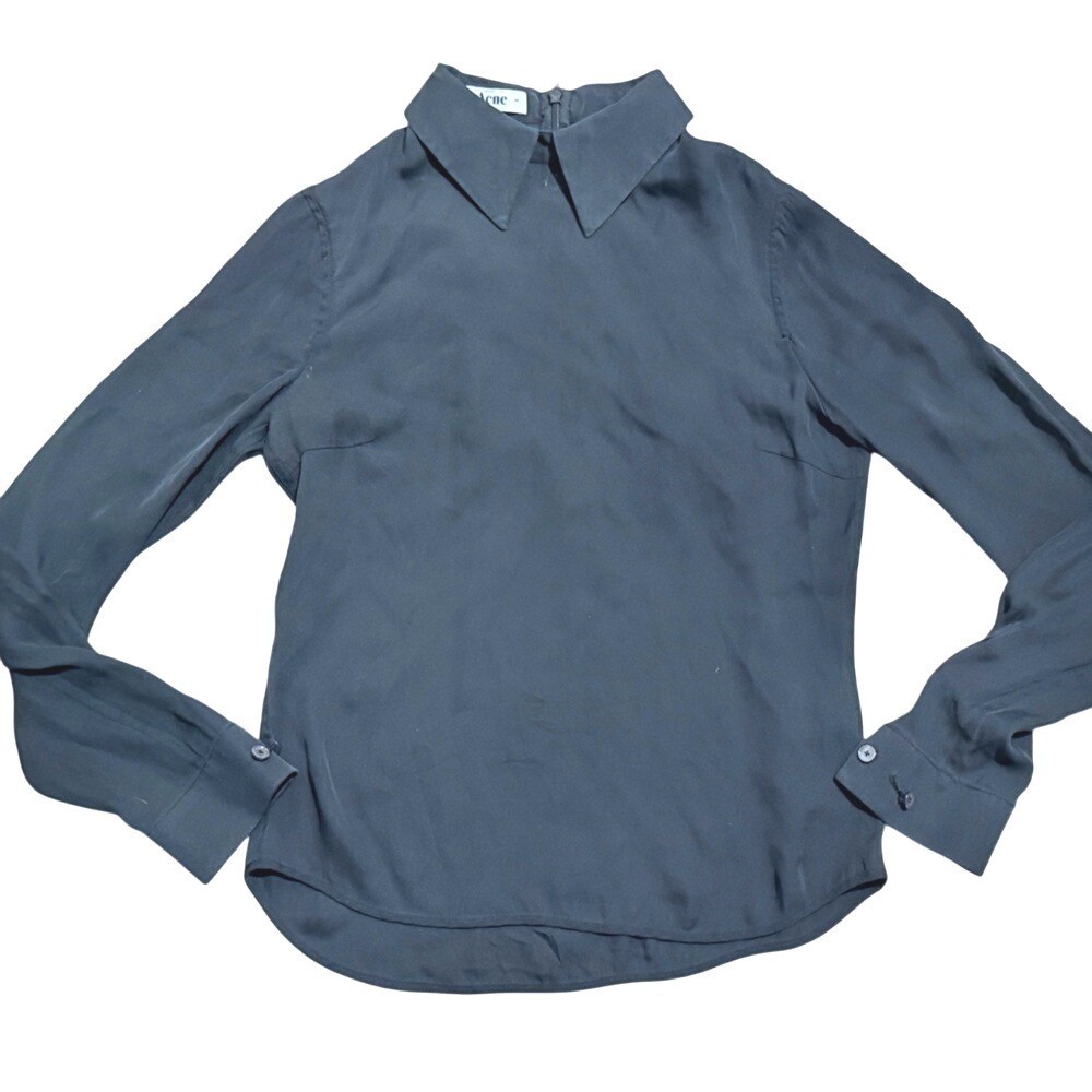Acne Sloan Zip Black Collared Shirt Top Blouse Womens 34 XS Silk Designer
