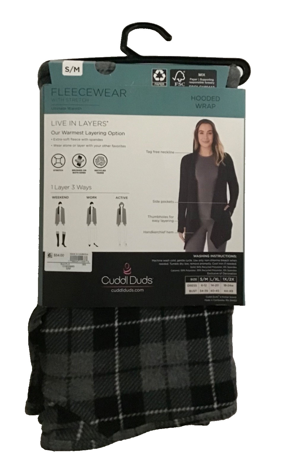 Cuddl Duds Women’s Wrap Top S/M Black Plaid Hooded Pockets NEW