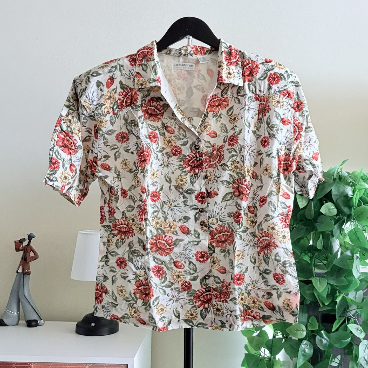 Liz Claiborne Collection White Floral Collared Button-Up Cotton Blouse 12