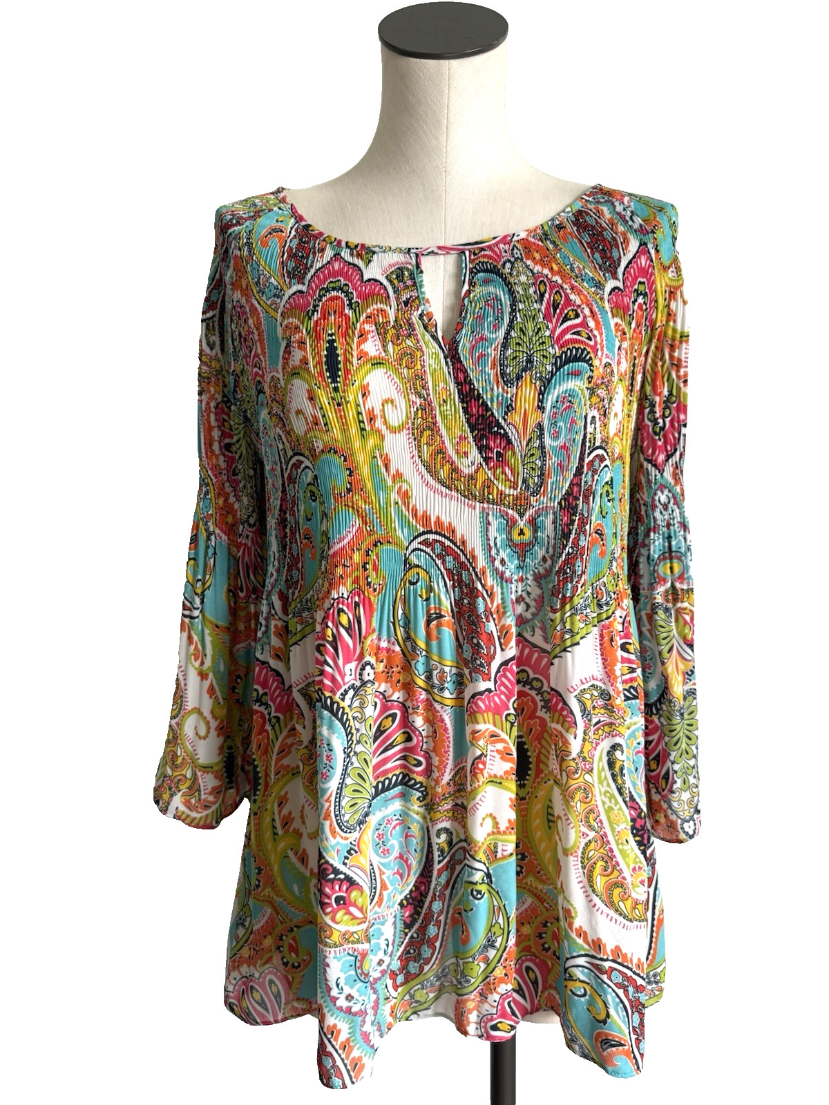 Spence Top Womens Large Paisley Crinkle Blouse Bell Sleeves Keyhole Tunic