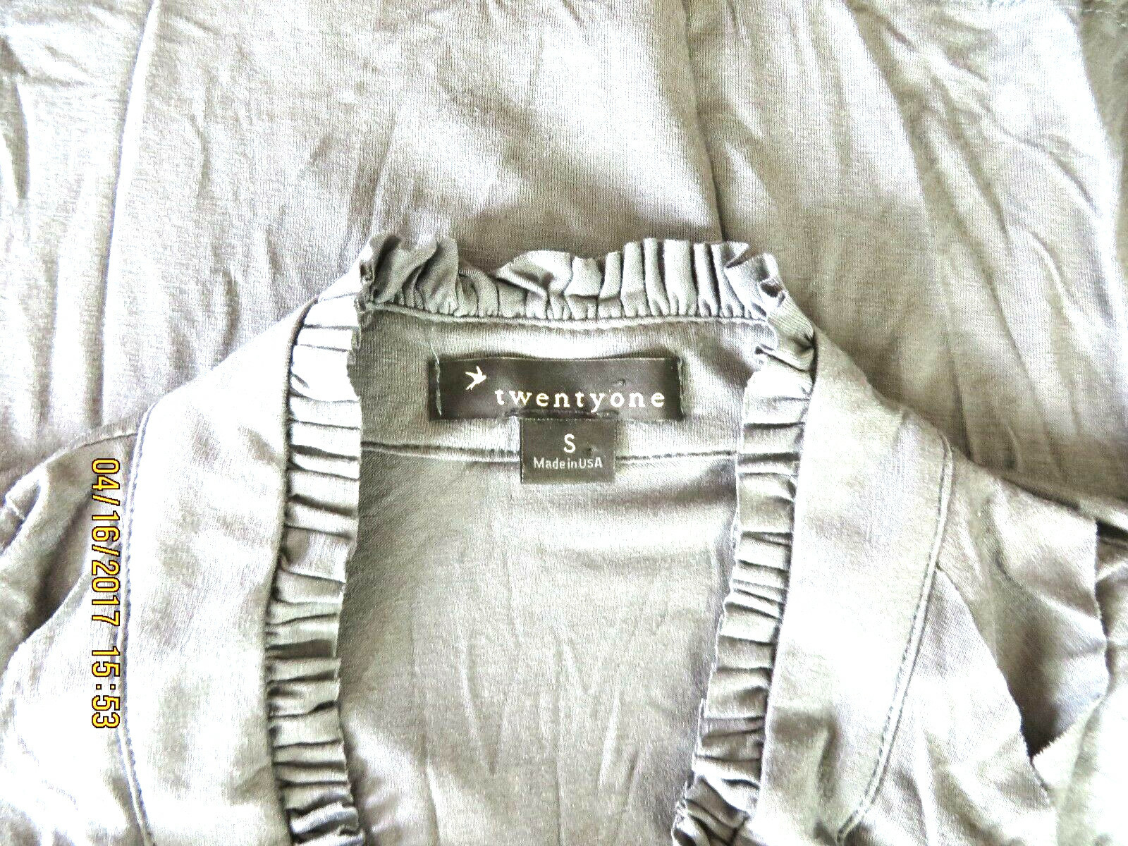 TWENTY ONE SZ S Viscose/Spandex Charcoal Gray Ruffle Shirt High Neck Blouse Top