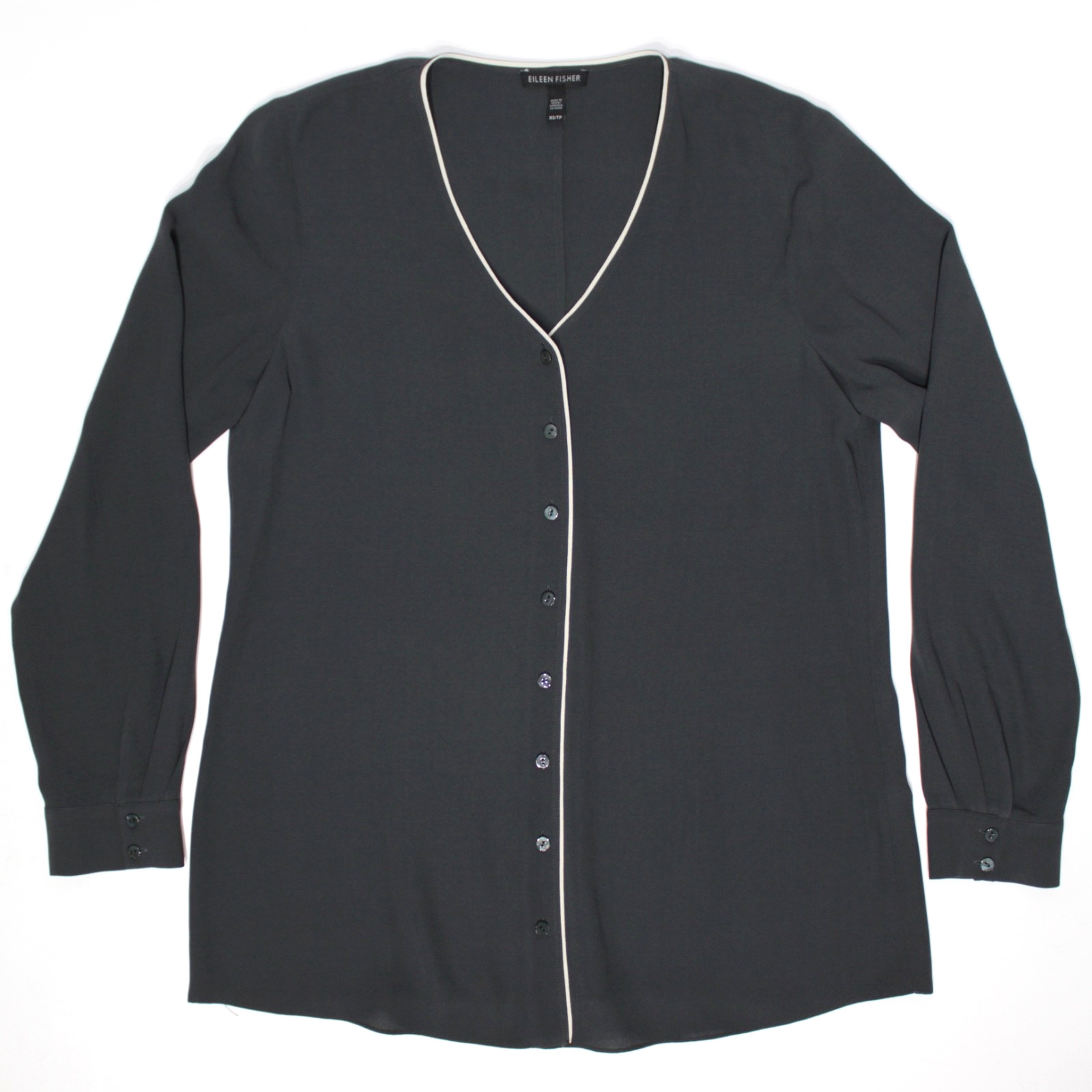 Eileen Fisher 100% Silk Oversized Dark Gray Button Up Top Blouse Women Size XS