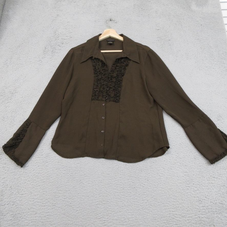 Milano Shirt Womens Large Ruffle Front Button Blouse Long Sleeve Dressy Top