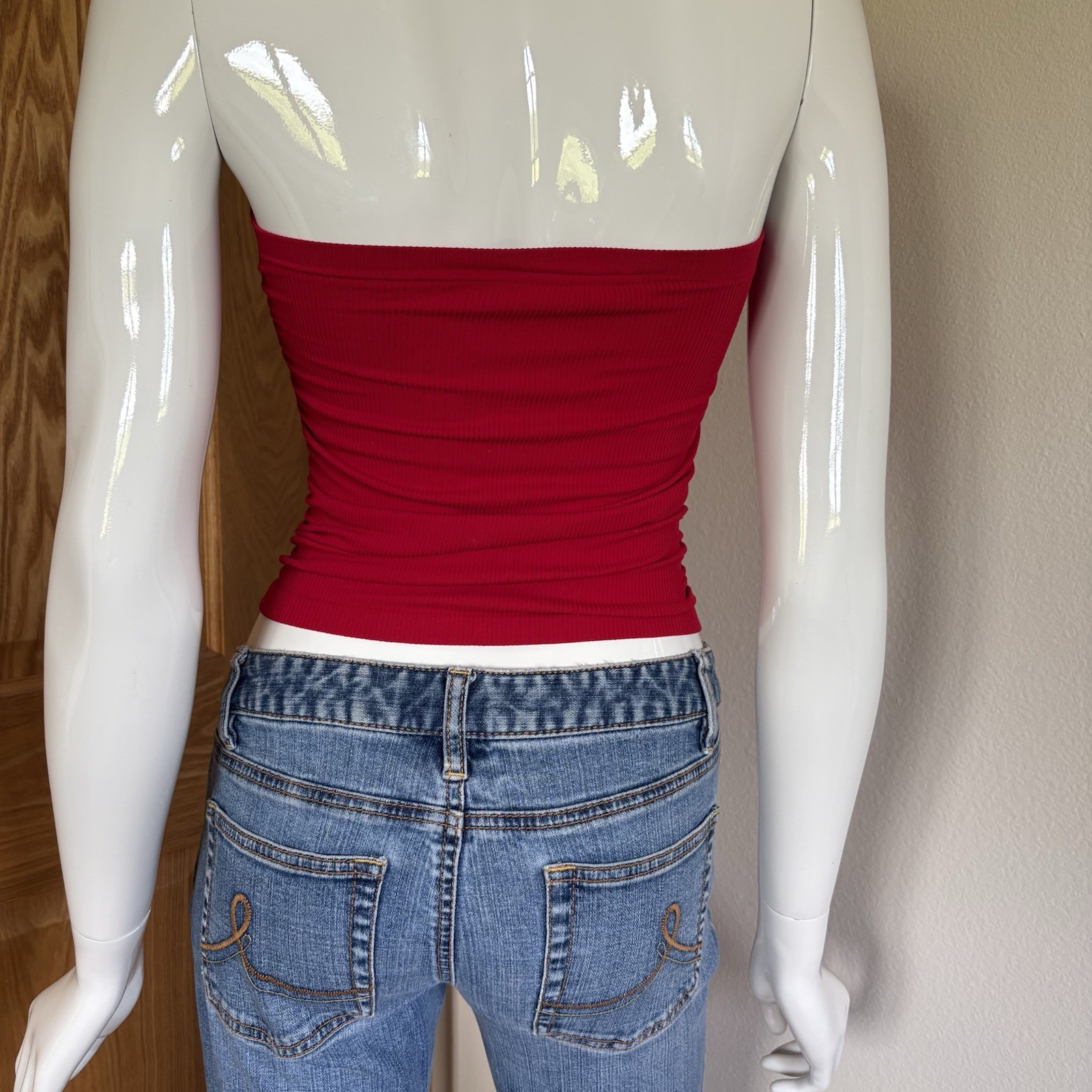 Bisou Bisou Red Solid Ribbed Knit Ruched Strapless Tube Top Stretch XS/S