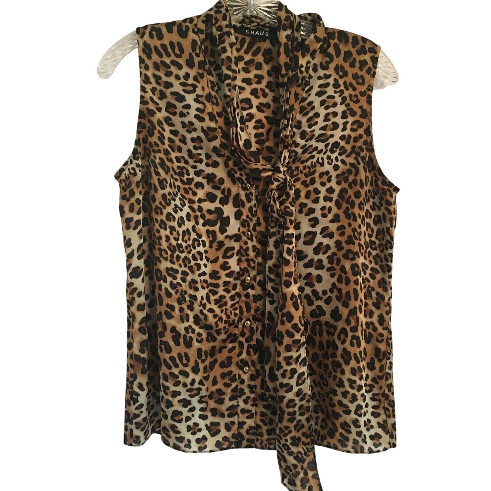 Vintage Chaus size 6 sleeveless blouse self tie neckline tan black animal print