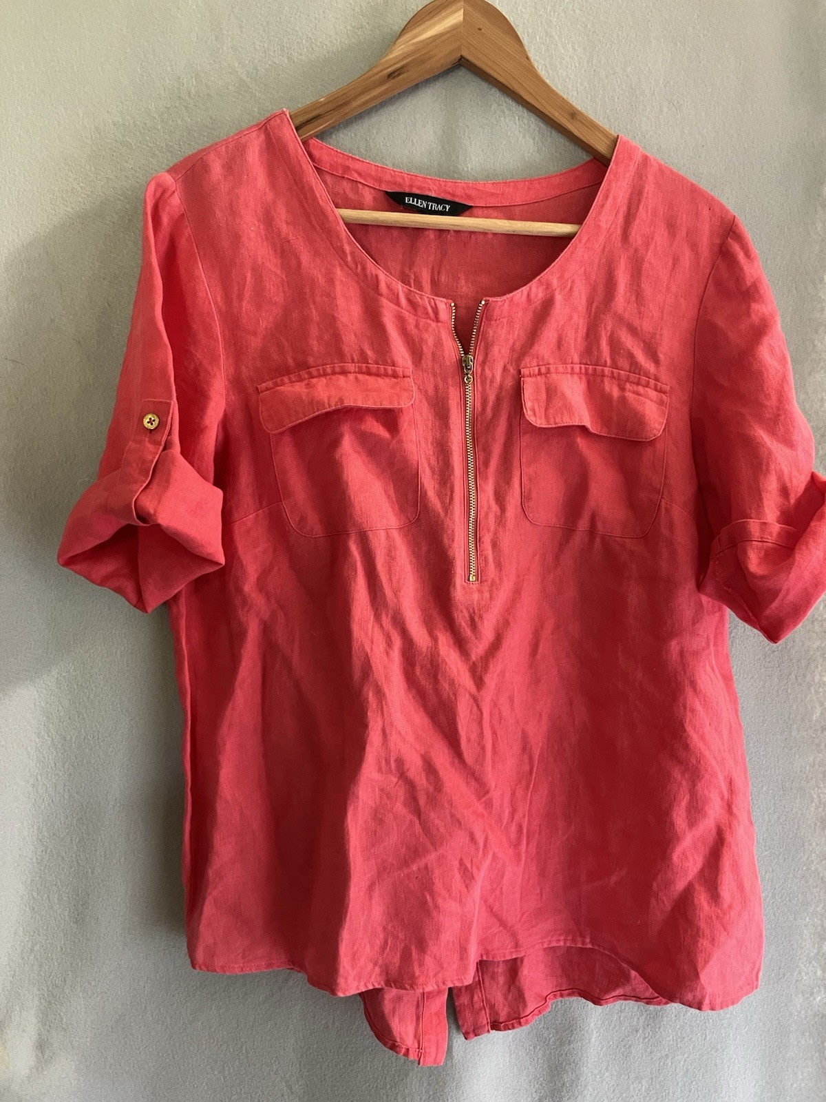 Ellen Tracy 100% Linen Tunic Top 3/4 Sleeve Zip Front Utility Pockets