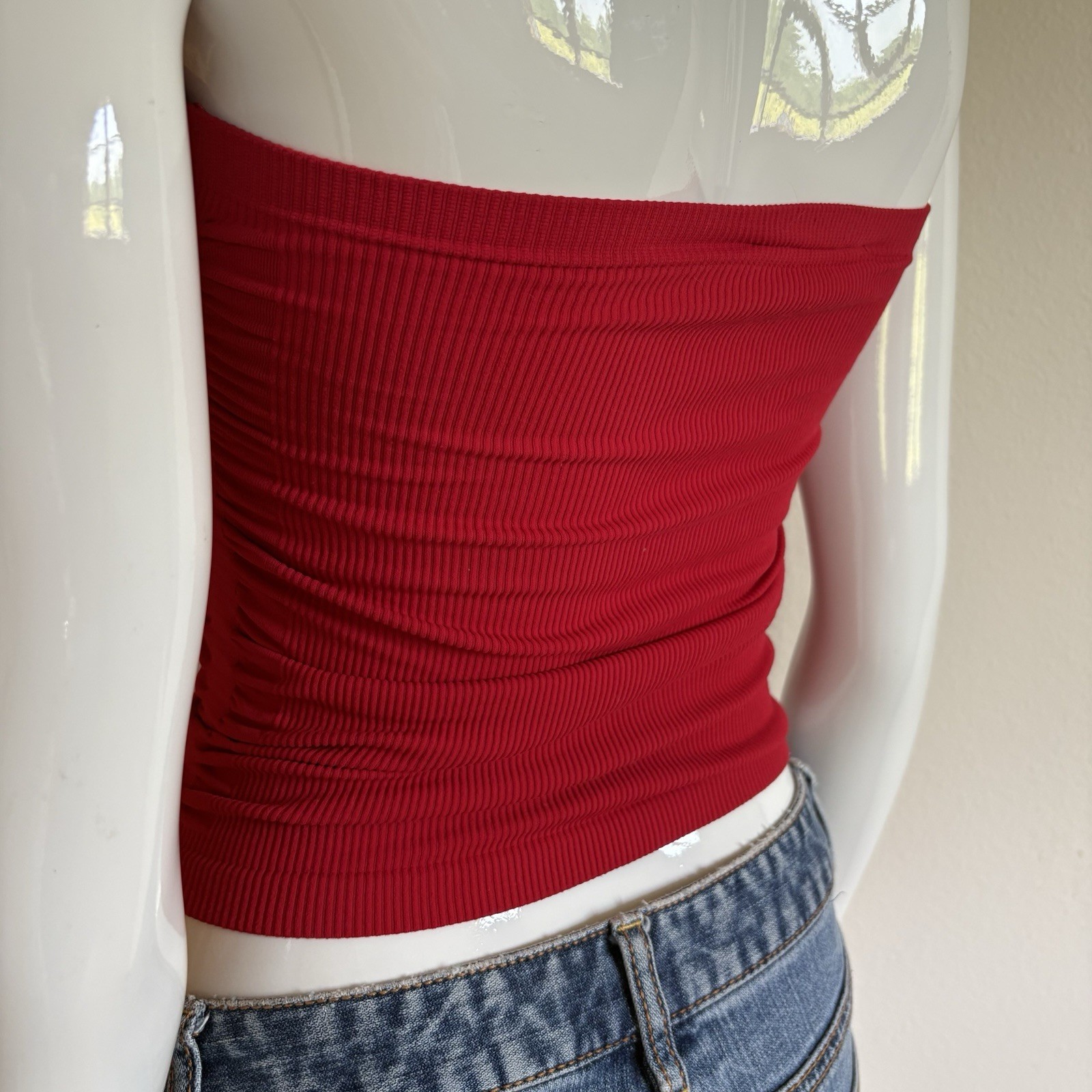 Bisou Bisou Red Solid Ribbed Knit Ruched Strapless Tube Top Stretch XS/S