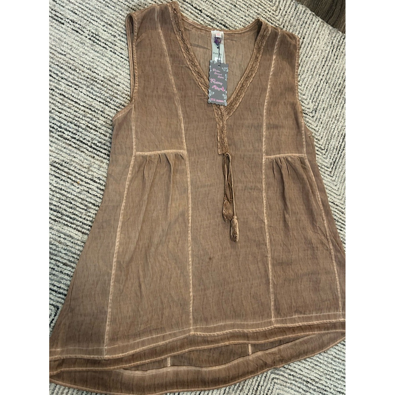 Pretty Angel Sleeveless Brown V-Neck Tassel Tunic Top Size XL Linen