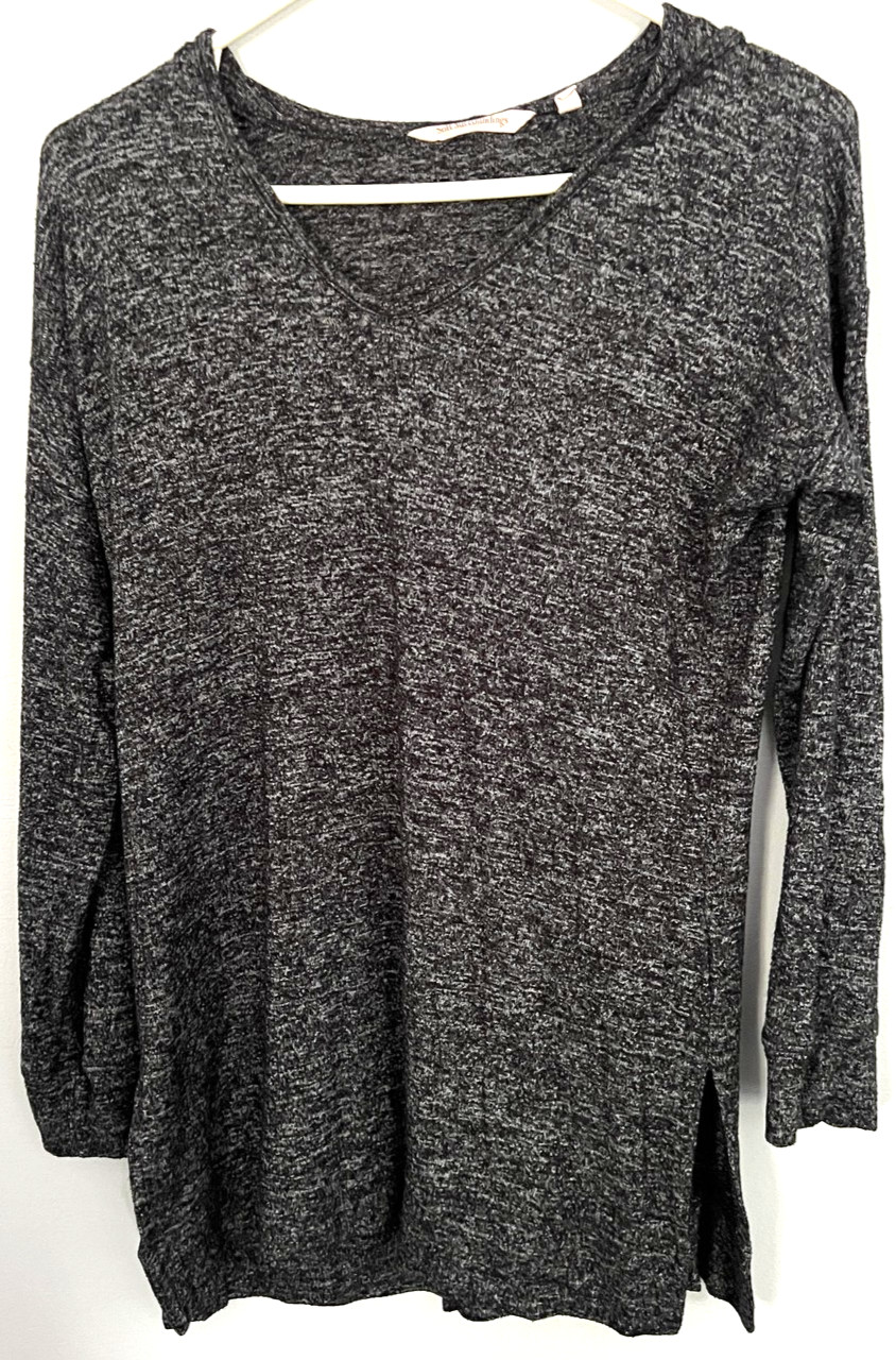 Soft Surroundings Heathered Knit Top Women XS Vneck 3/4 Sleeve Cowl Back Hooded