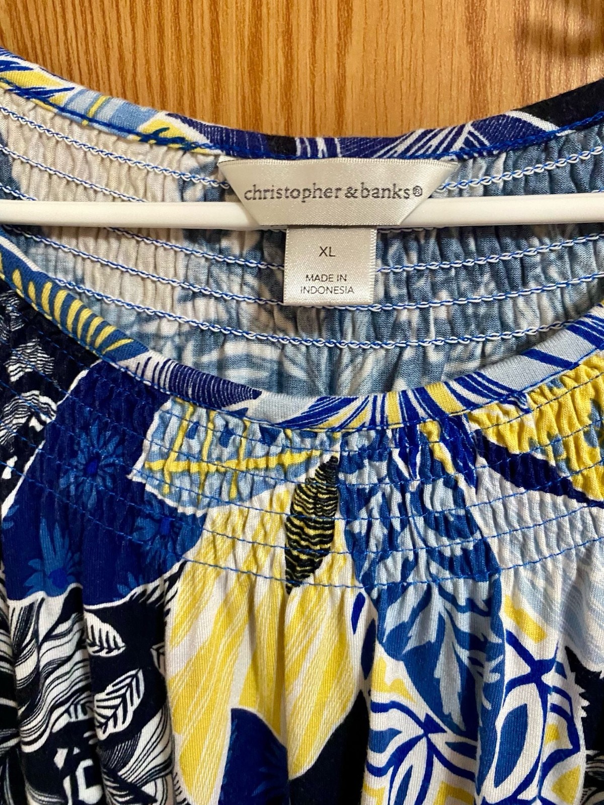 Christopher & Banks Blue Yellow Floral Smocked Neckline Short Sleeve Blouse Top