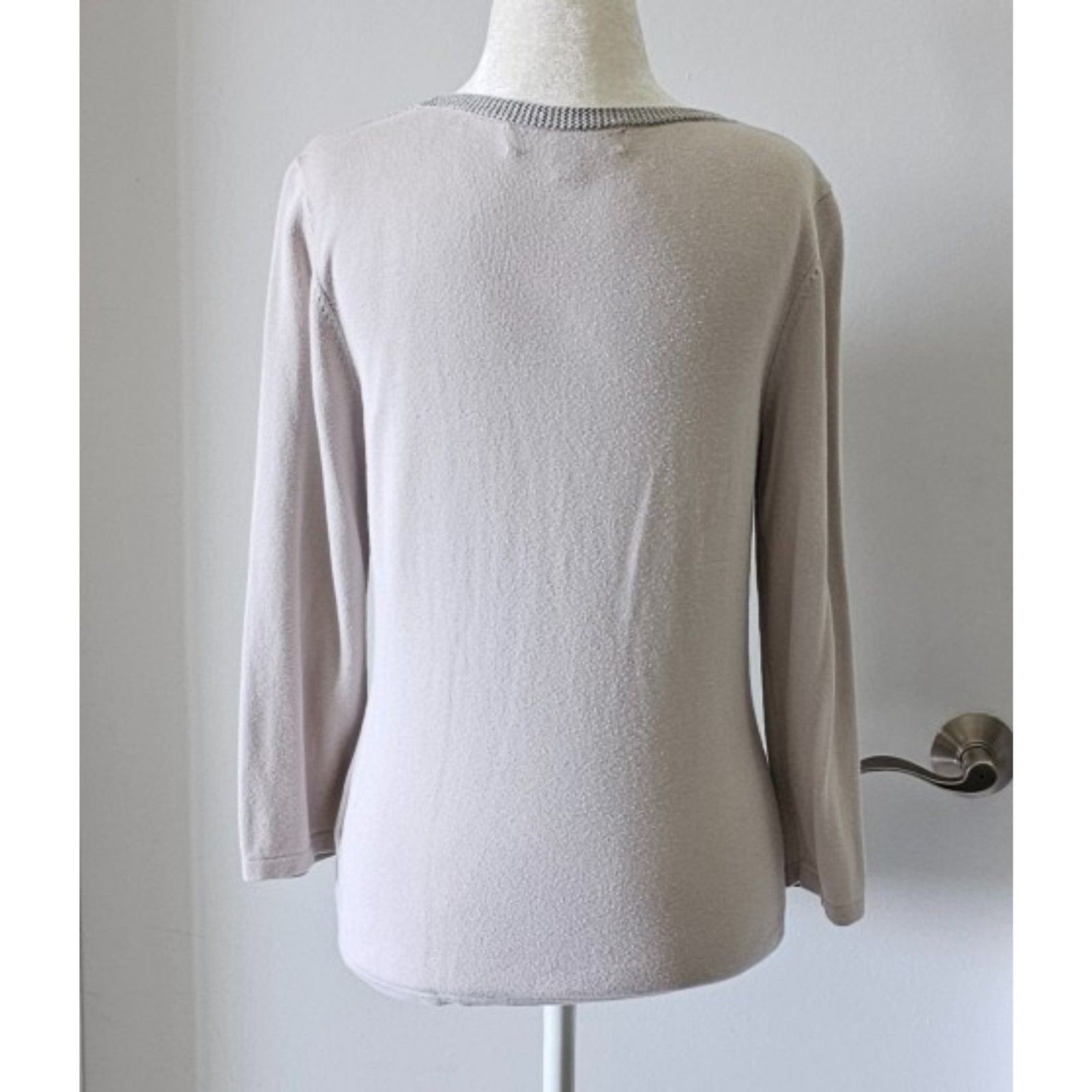 Kasper Gray Top Blouse Size M Long Sleeve Embellished Round Neck