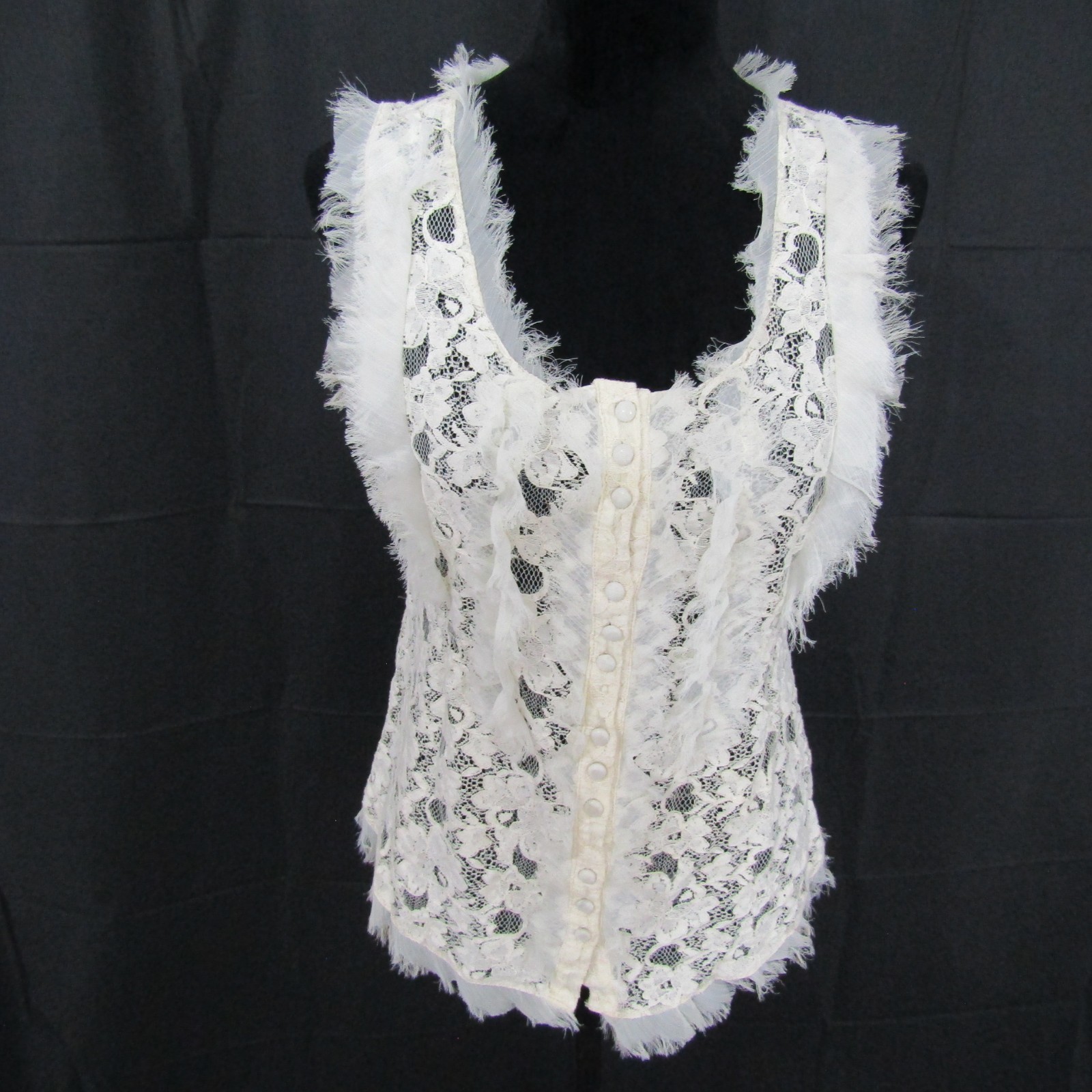 Mustard Seed Top Blouse Button Up Scoop Womens L Cream Lace Fringe Boho Floral
