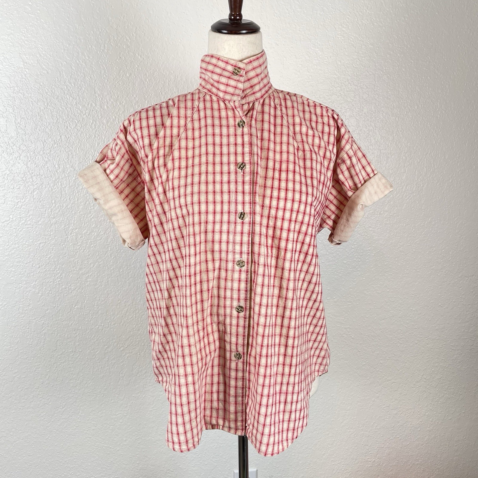 Vintage 90s Plaid Shirt Women’s S High Neck Gingham Pink & Cream Preppy USA