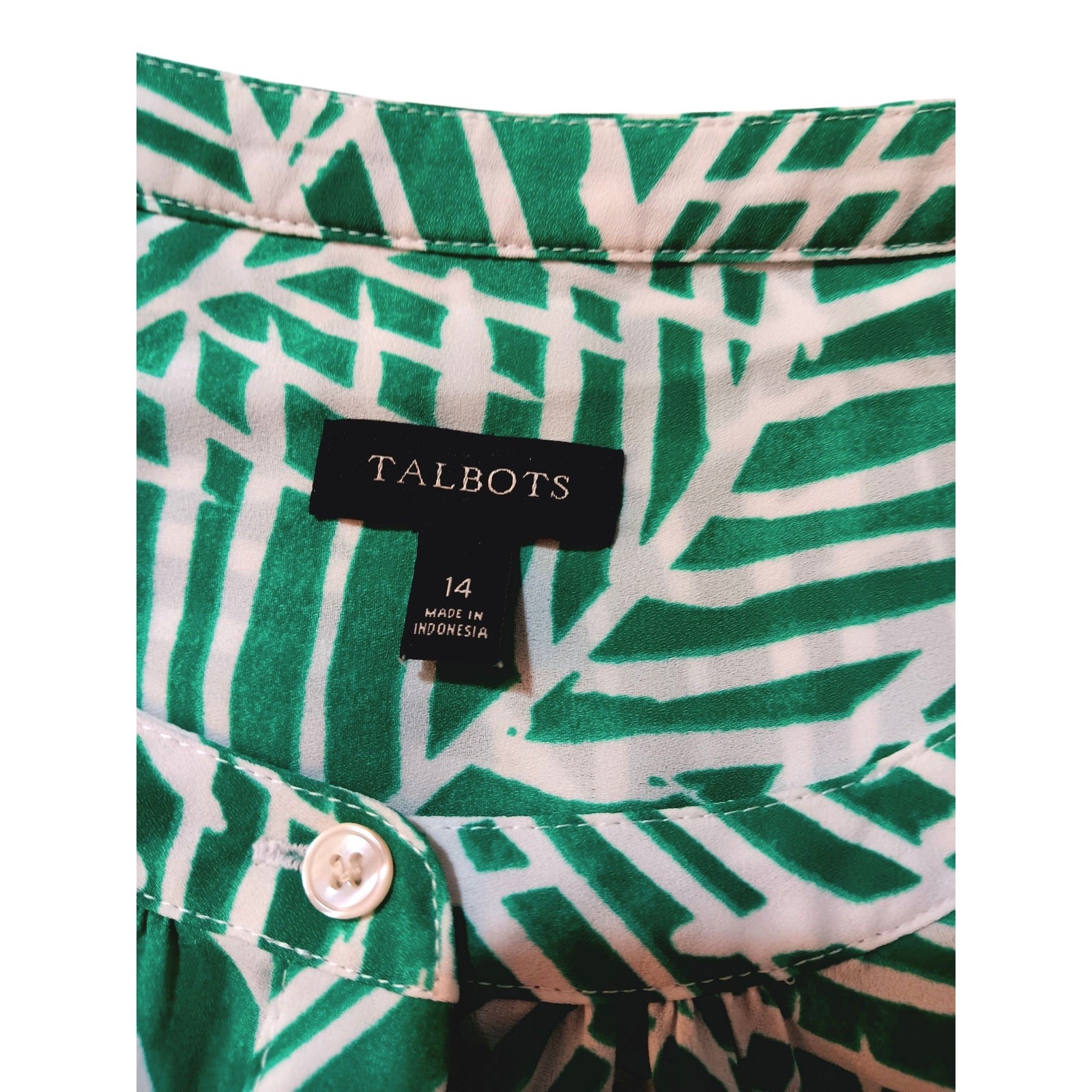 TALBOTS Blouse Top Size 14 Green White Career Office Travel Light Classic Chic