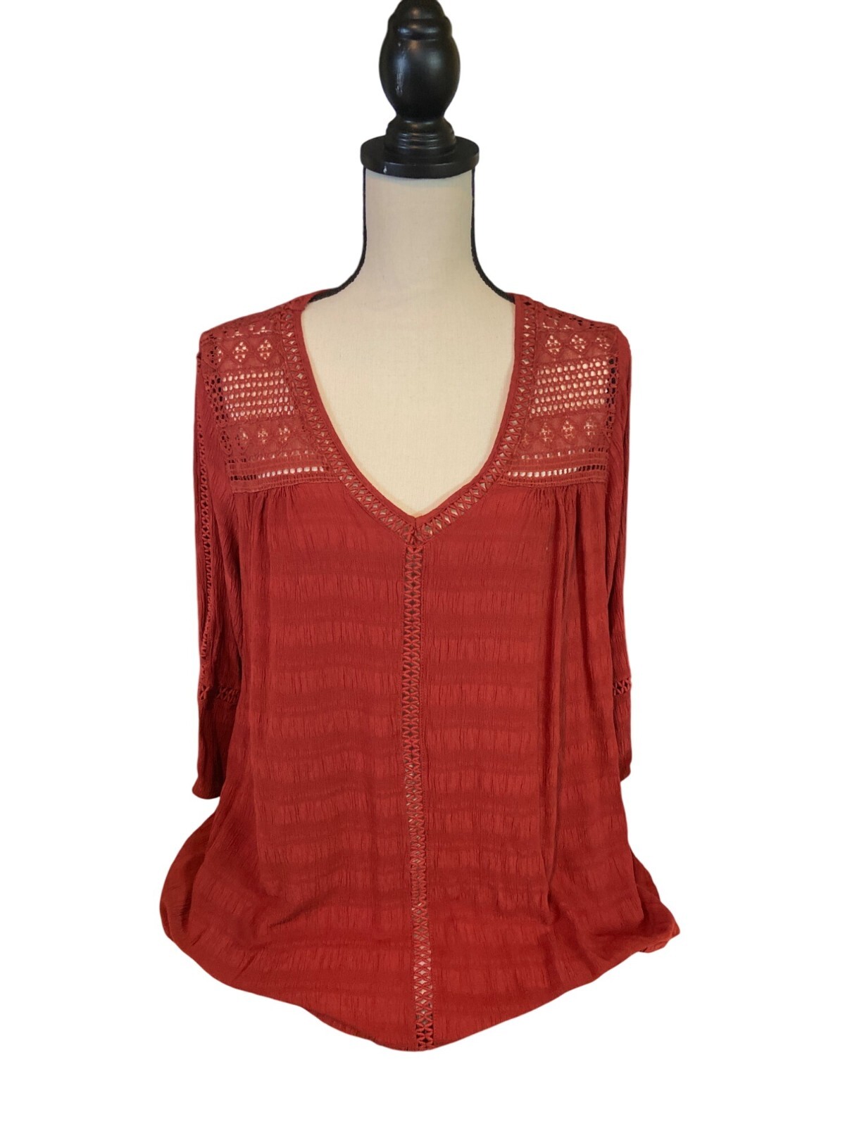 Studio Woman JPR Womens Blouse 1X Rust Red Lace Crochet V-Neckline Pheasant Boho