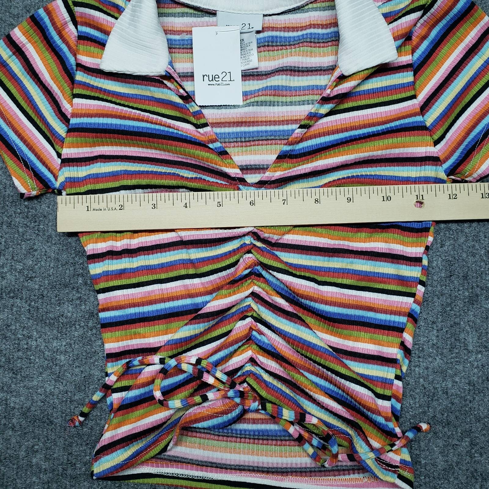 Rue21 Crop Top Womens XS Multicolor Striped Short Sleeve V-Neck Ruched Tie New