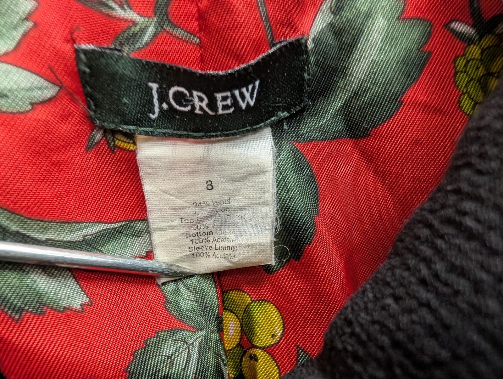 J Crew Women’s Size 8 Coat Black with Red Floral Lining Wool 95% Blend