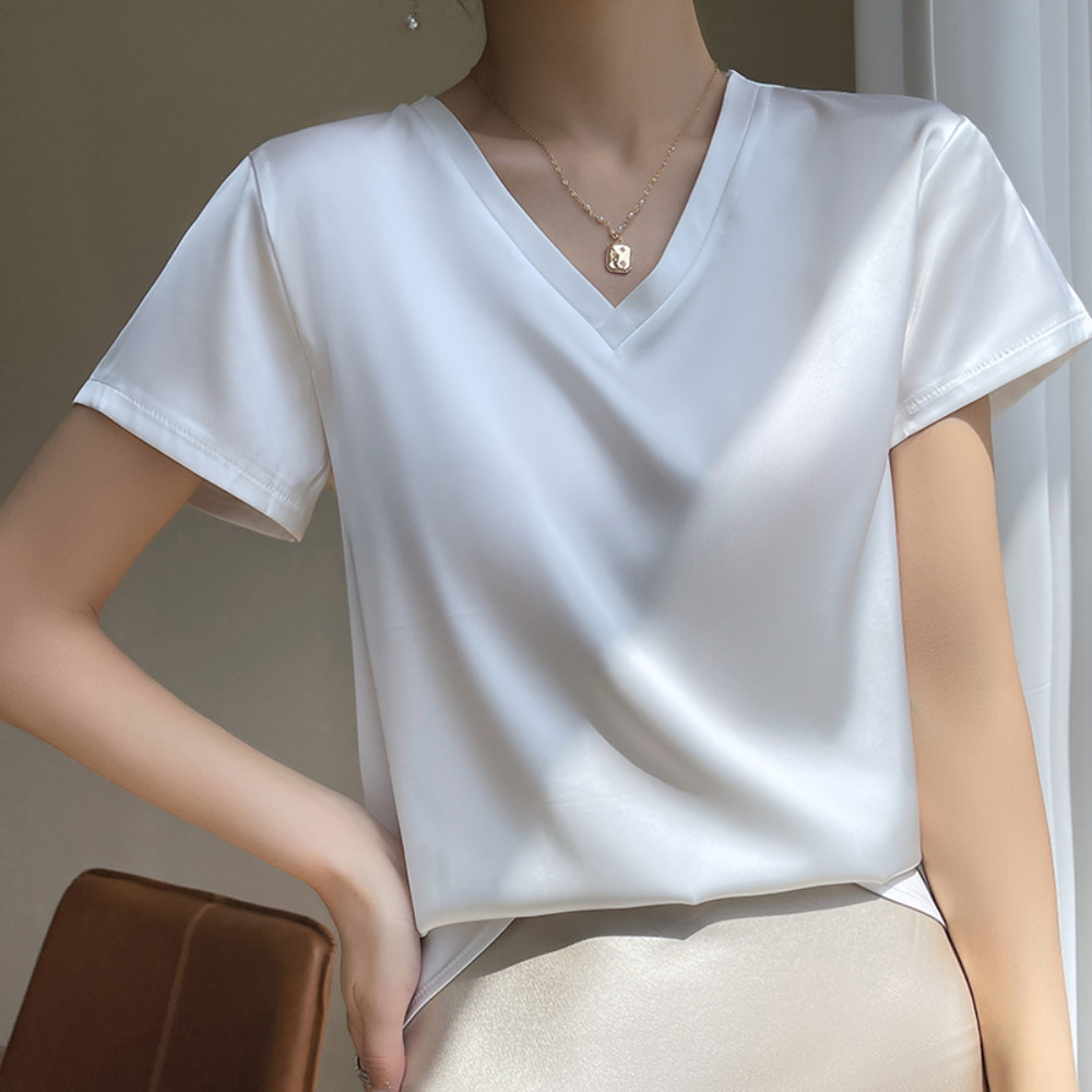 Ladies Faux Silk Shirts Satin Tops T-Shirts Tee Short Sleeve Shiny Casual