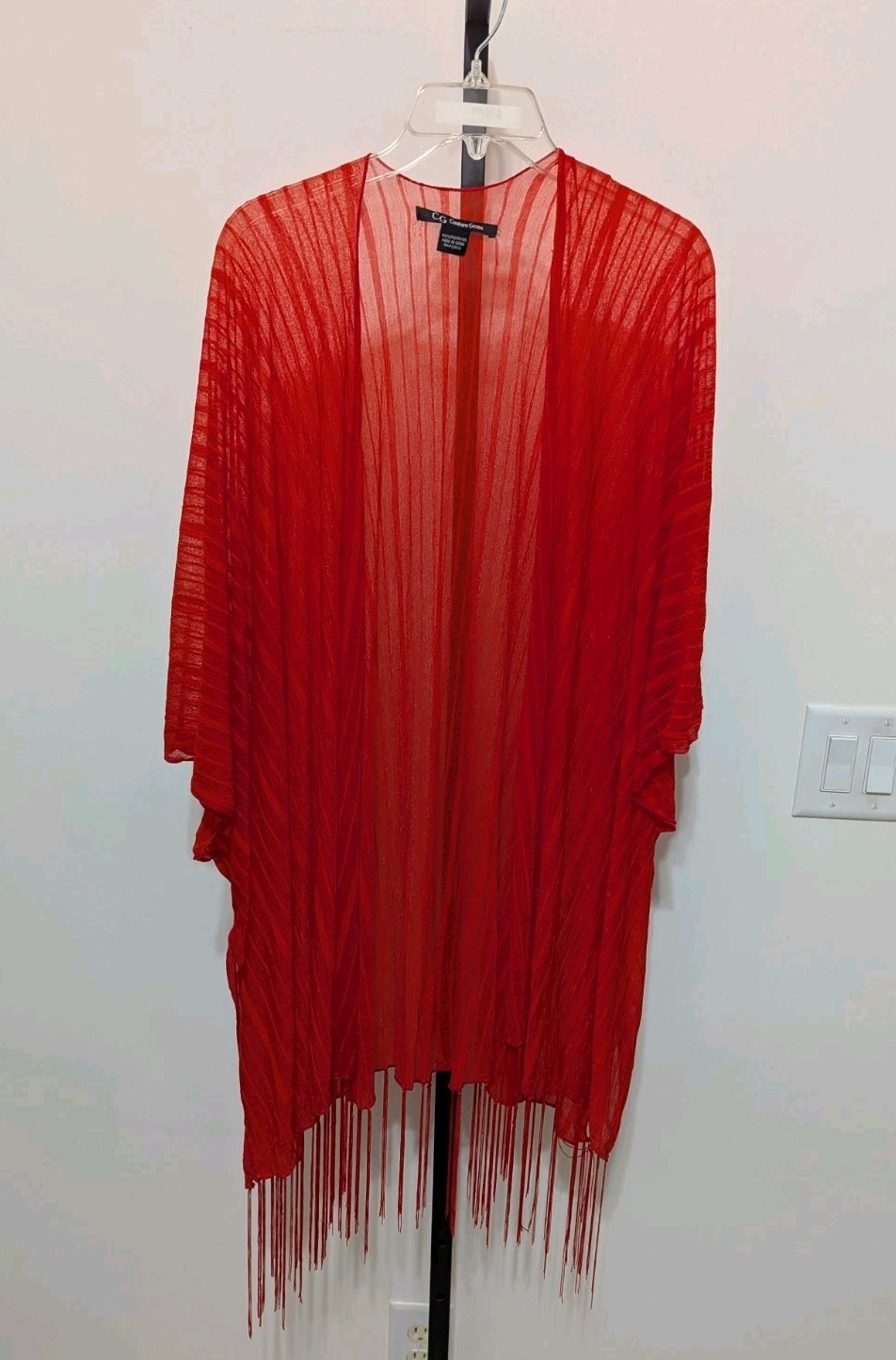 CG Couture Gems Red Ruana Wrap Semi Sheer Fringe Boho Hippie Beach Kimono