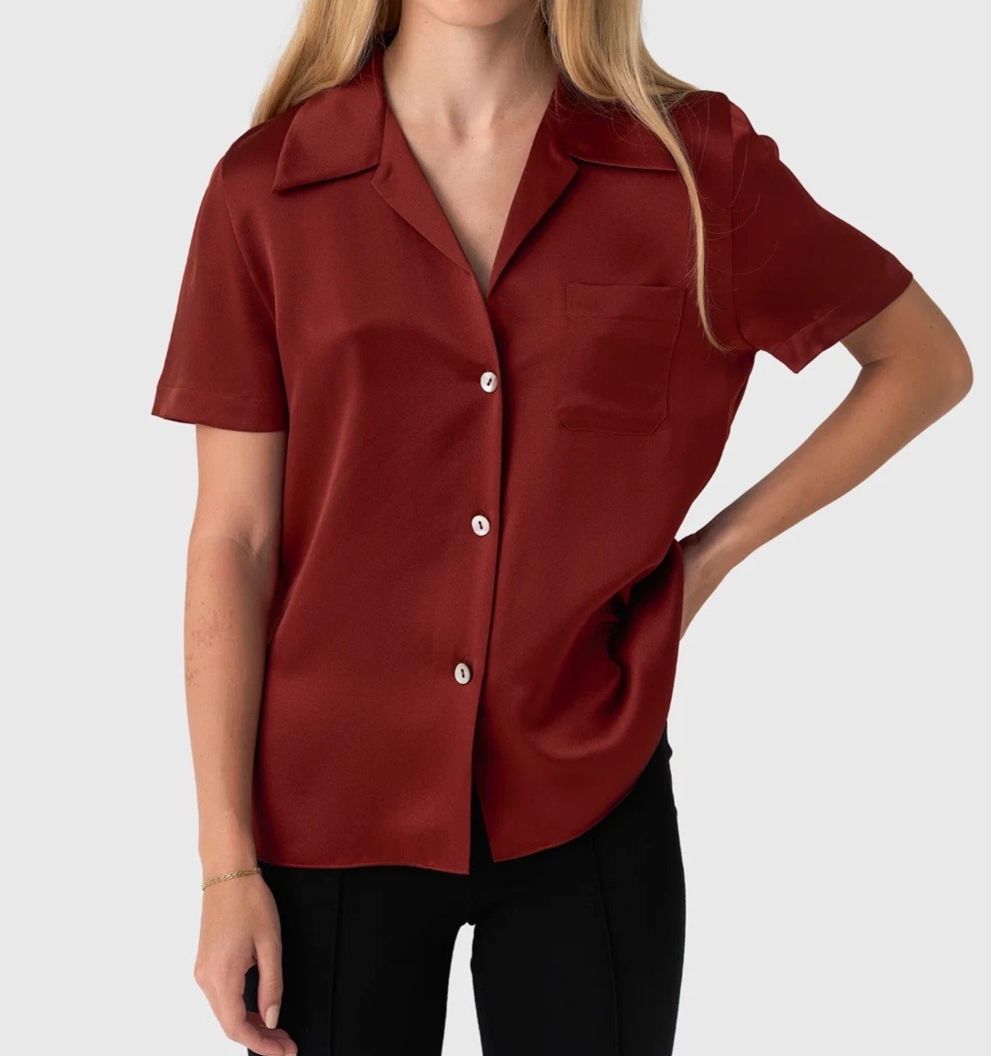 Vince L Womens Blouse Sienna Silk Spread Collar Button Front Short Sleeve $398