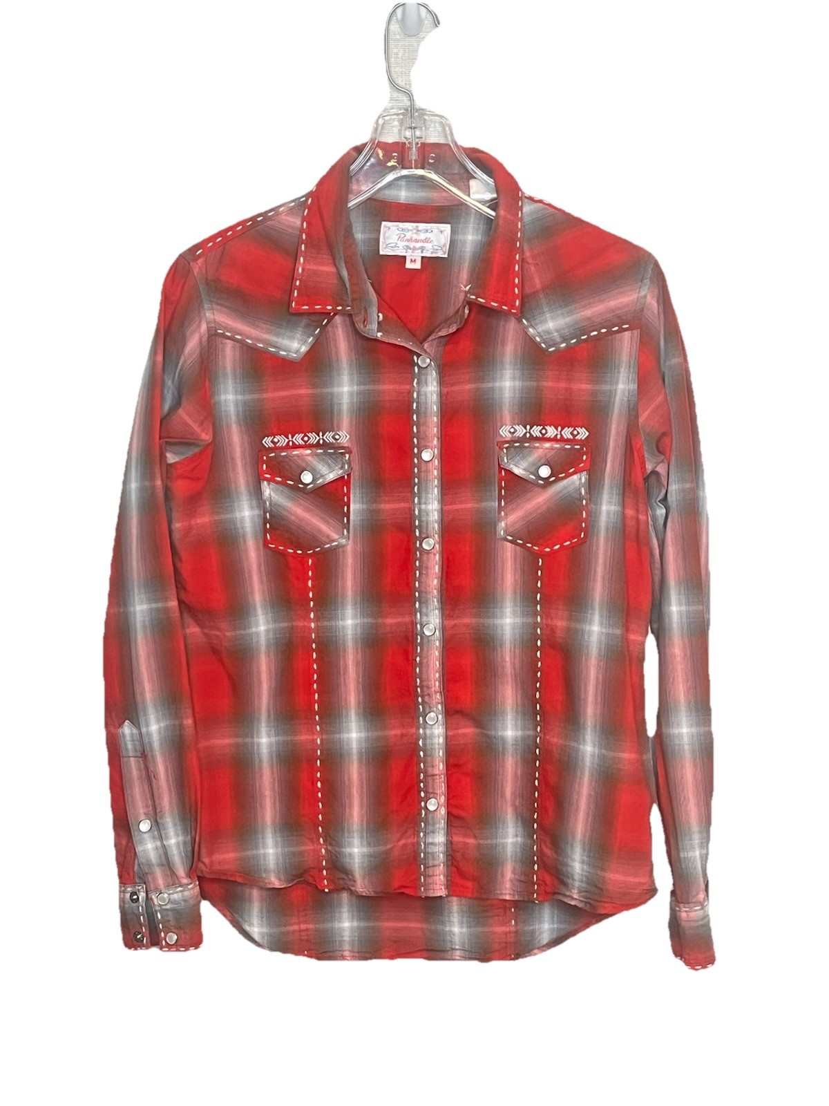 Panhandle Western Pearl Snap Plaid Shirt Red Gray Embroidered Cotton Womens M